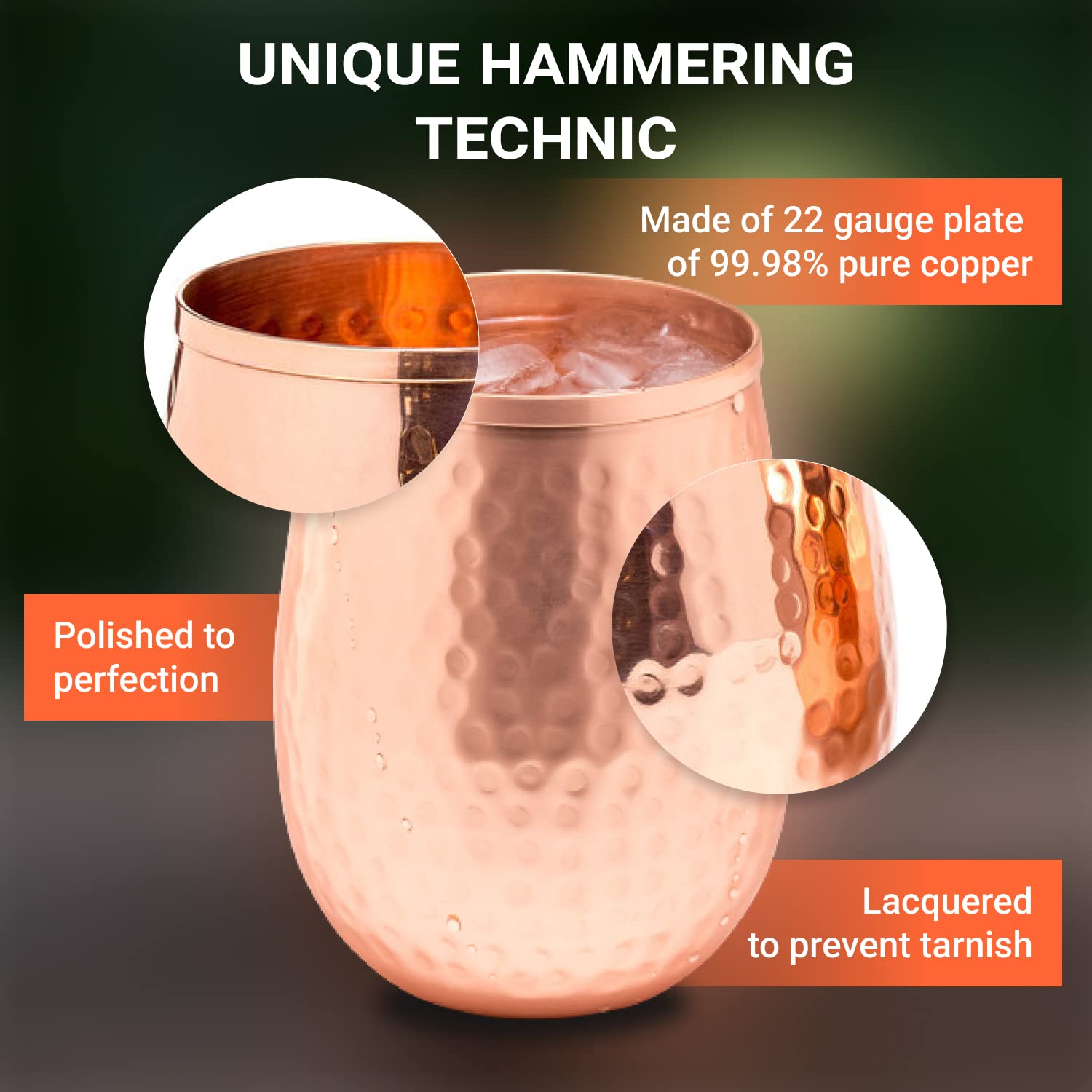Mosscoff Copper wine glasses set of 4 – 17oz gleaming 100% solid hammered copper stemless wine cups – Valent for men and women – great copper tumblers for red or white wine and Moscow mules.