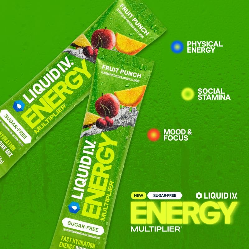 Liquid I.V.® Hydration Multiplier Sugar-Free + Energy - Fruit Punch | Electrolyte Powder Drink Mix | 1 Pack (14 Servings)