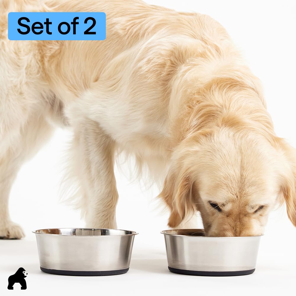 GORILLA GRIP Dog Bowls, Heavy Duty 304 Stainless Steel, Holds 2 Cups Each (16 fl oz) Food and Water Bowl for Feeding Dogs and Cats, Dishwasher Safe, Rust Resistant, BPA Free Rubber Base Set of 2 Black