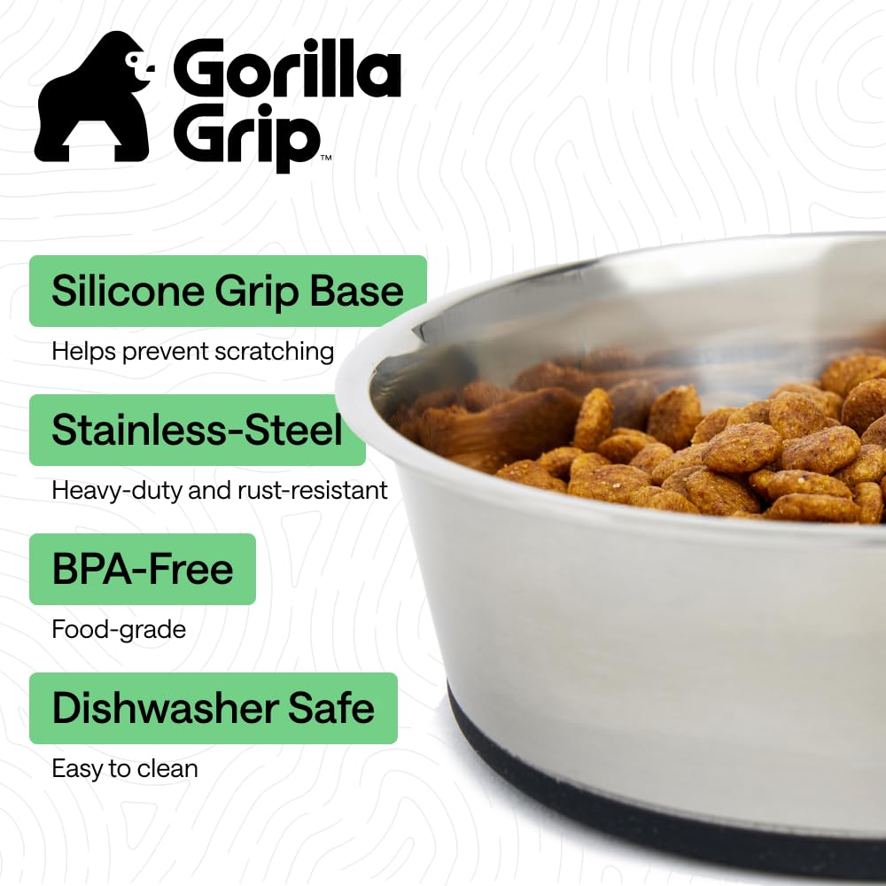 GORILLA GRIP Dog Bowls, Heavy Duty 304 Stainless Steel, Holds 2 Cups Each (16 fl oz) Food and Water Bowl for Feeding Dogs and Cats, Dishwasher Safe, Rust Resistant, BPA Free Rubber Base Set of 2 Black
