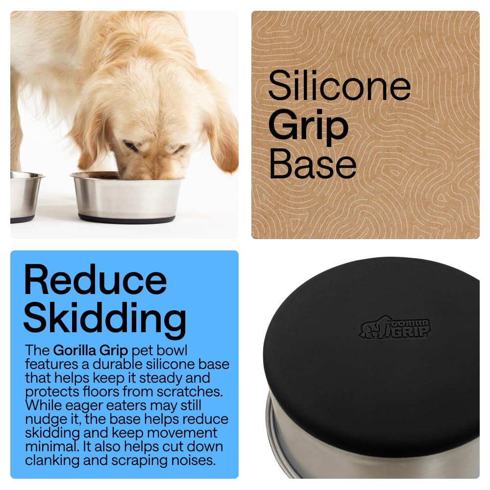 GORILLA GRIP Dog Bowls, Heavy Duty 304 Stainless Steel, Holds 2 Cups Each (16 fl oz) Food and Water Bowl for Feeding Dogs and Cats, Dishwasher Safe, Rust Resistant, BPA Free Rubber Base Set of 2 Black