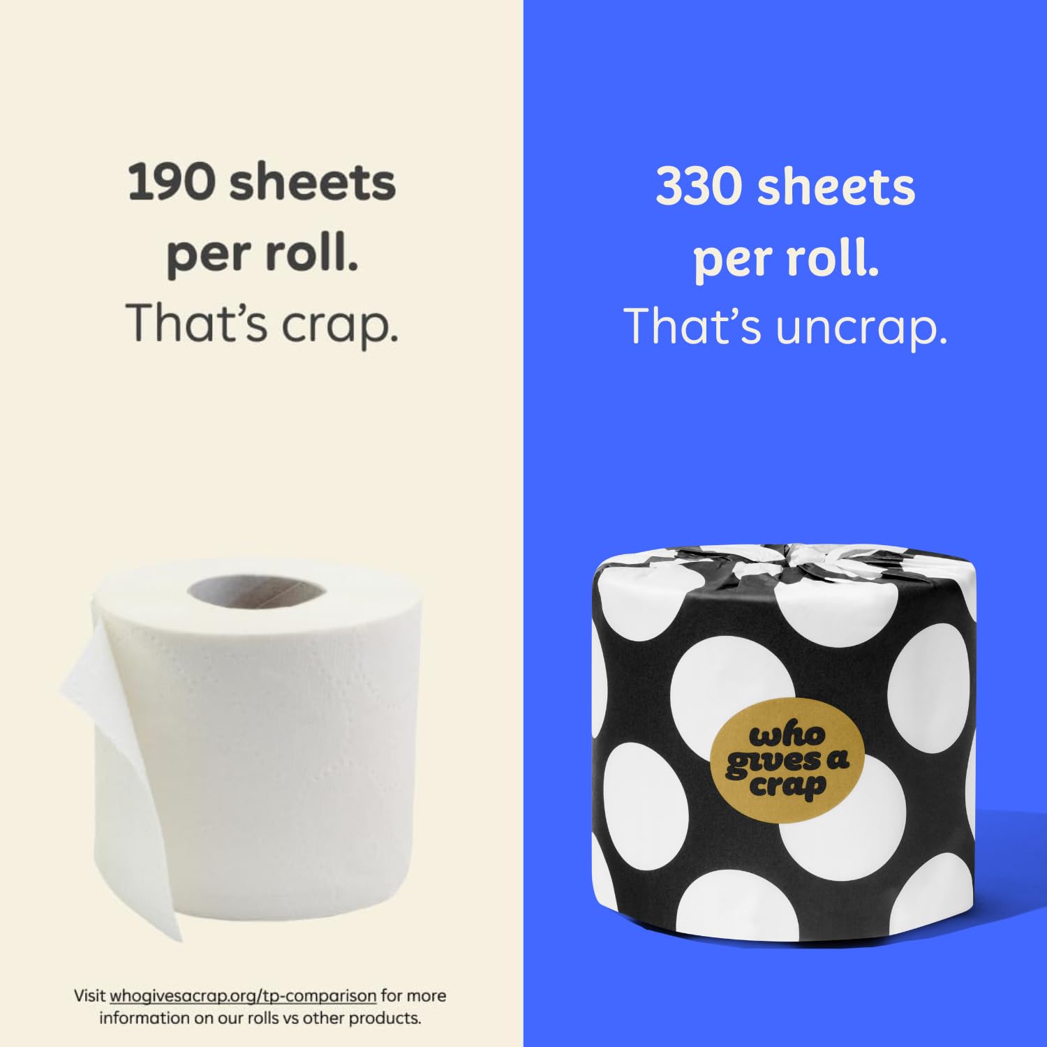 Who Gives A Crap 100% Bamboo Toilet Paper, 24 Rolls, 3 Ply, 330 Sheets, Long, Strong & Soft Toilet Tissue, Renewable, Tree Free Bathroom Tissue Made with Bamboo Fibers