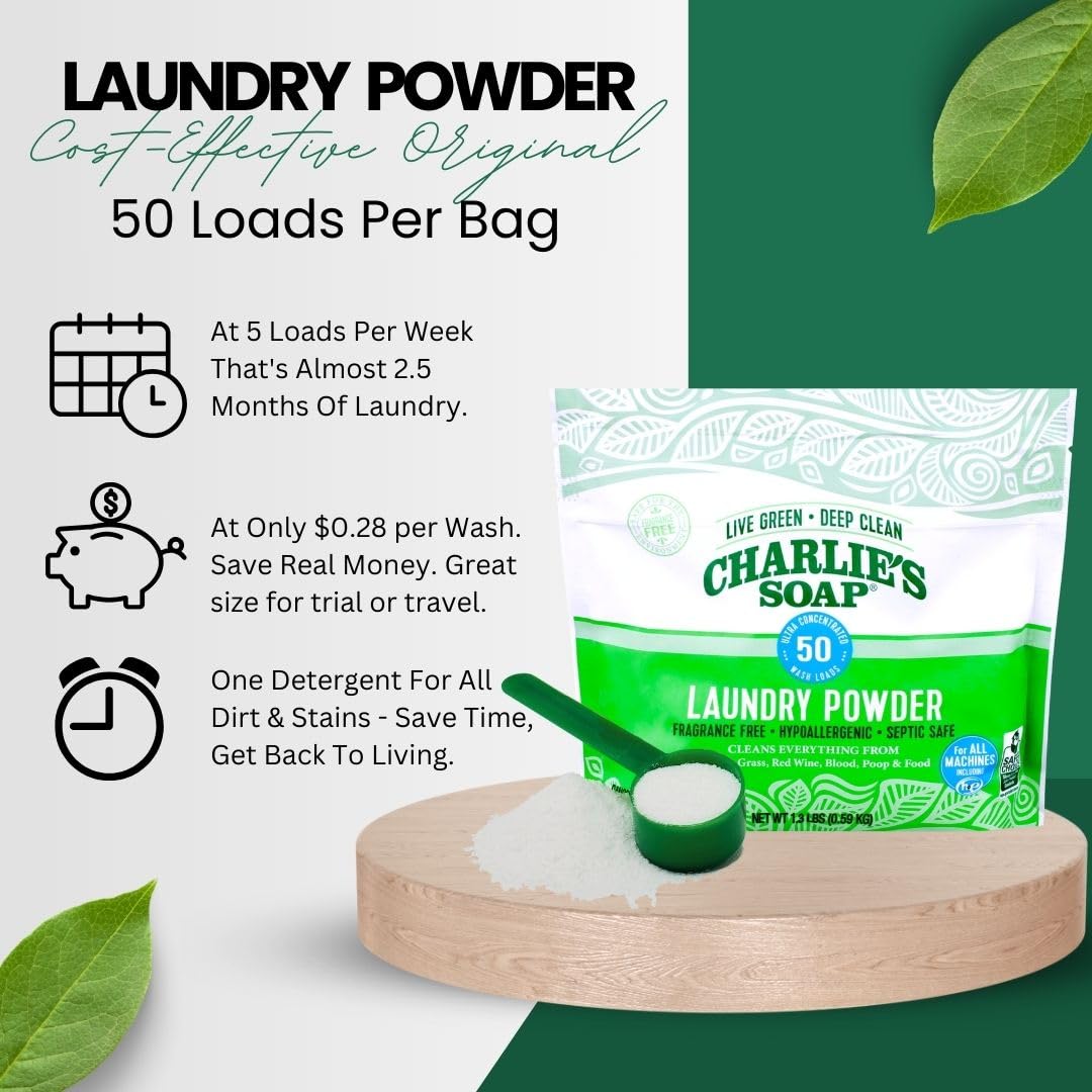 Charlie’s Soap Laundry Powder (50 Loads, 1 Pack) Hypoallergenic Deep Cleaning Washing Powder Detergent – Eco-Friendly, Safe, and Effective