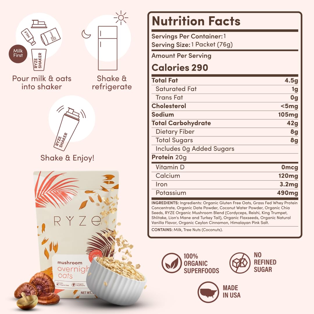 RYZE SUPERFOODS Mushroom Protein Overnight Oats, Oatmeal with 6 Adaptogenic Mushrooms and 20g Grass-Fed Whey Protein & Chia Seeds, Lions Mane, Turkey Tail, Shiitake, Reishi, Healthy Breakfast. 14 Servings.