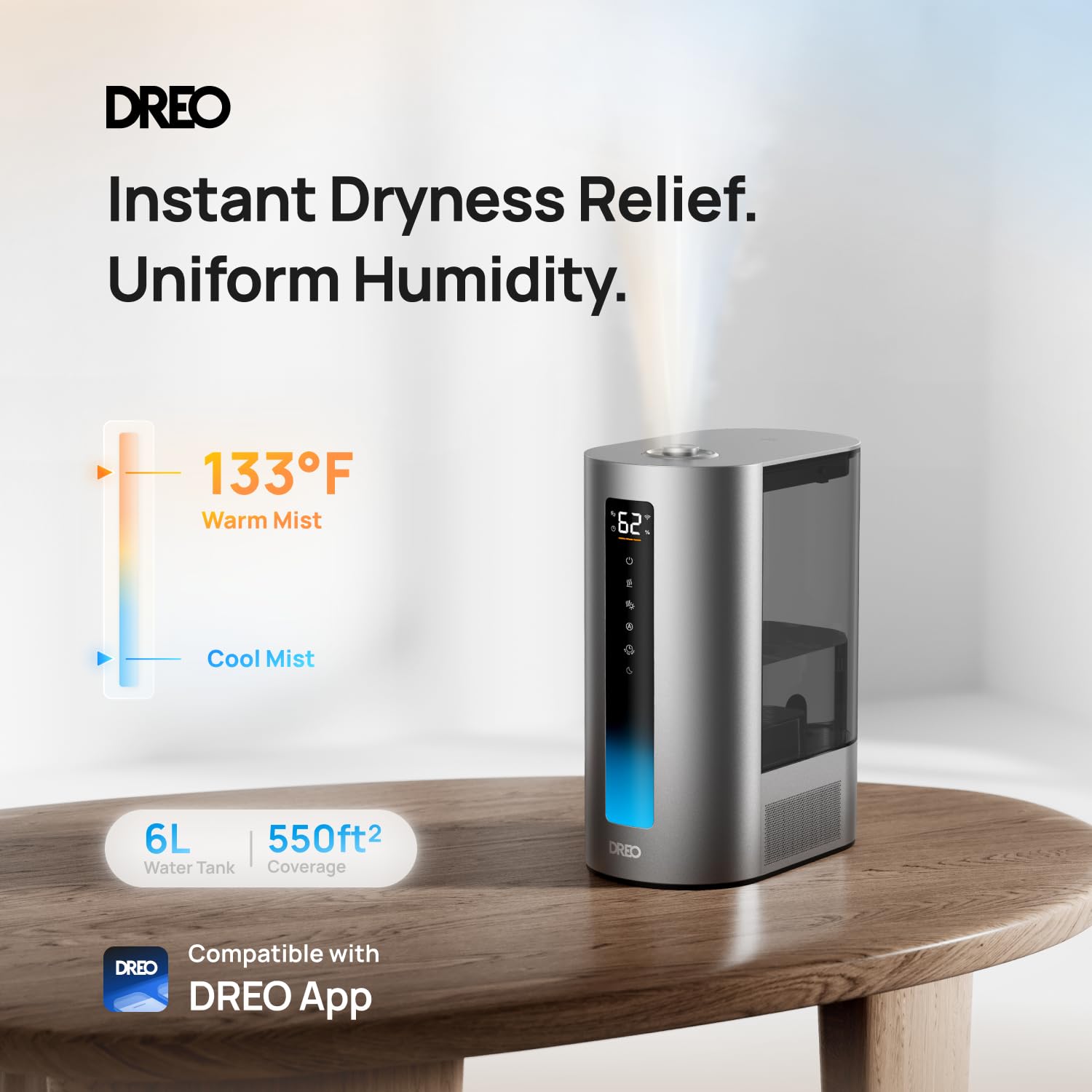 DREO 6L Humidifiers for Bedroom, Smart Warm & Cool Mist for Large Room, 60Hr Quiet Runtime for Baby, Plant, Humidity Sensor, Indicator Light, 12H Timer, Google/Alexa, HM713S