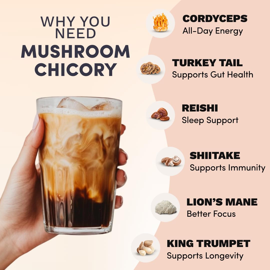 RYZE SUPERFOODS Mushroom Chicory with 6 Organic Adaptogenic Mushrooms, Keto Decaf Coffee with Chicory Root for Energy, Focus, Digestion, Immunity with Lions Mane, Turkey Tail, Shiitake, 30 servings