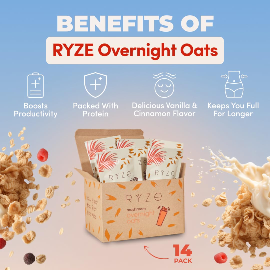 RYZE SUPERFOODS Mushroom Protein Overnight Oats, Oatmeal with 6 Adaptogenic Mushrooms and 20g Grass-Fed Whey Protein & Chia Seeds, Lions Mane, Turkey Tail, Shiitake, Reishi, Healthy Breakfast. 14 Servings.