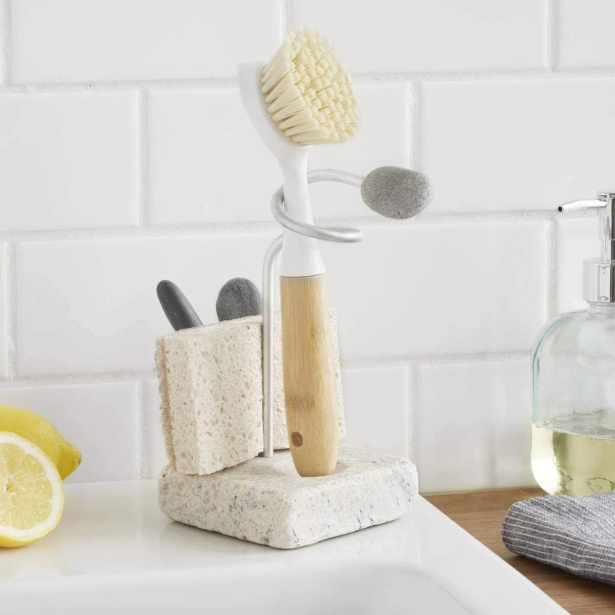 Sea Stones Splash Sponge and Brush Holder - Heavy Granite Base Kitchen Sink Caddy - Eco-Friendly Handmade Granite and Aluminium Organizer - One-Handed Grab & Quick-Dry Design - Made in USA