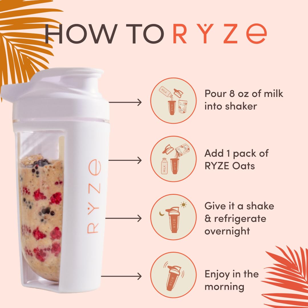 RYZE SUPERFOODS Mushroom Protein Overnight Oats, Oatmeal with 6 Adaptogenic Mushrooms and 20g Grass-Fed Whey Protein & Chia Seeds, Lions Mane, Turkey Tail, Shiitake, Reishi, Healthy Breakfast. 14 Servings.