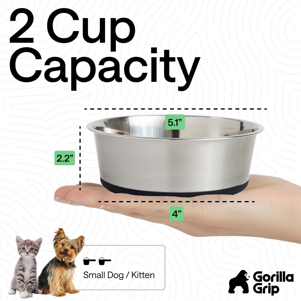 GORILLA GRIP Dog Bowls, Heavy Duty 304 Stainless Steel, Holds 2 Cups Each (16 fl oz) Food and Water Bowl for Feeding Dogs and Cats, Dishwasher Safe, Rust Resistant, BPA Free Rubber Base Set of 2 Black