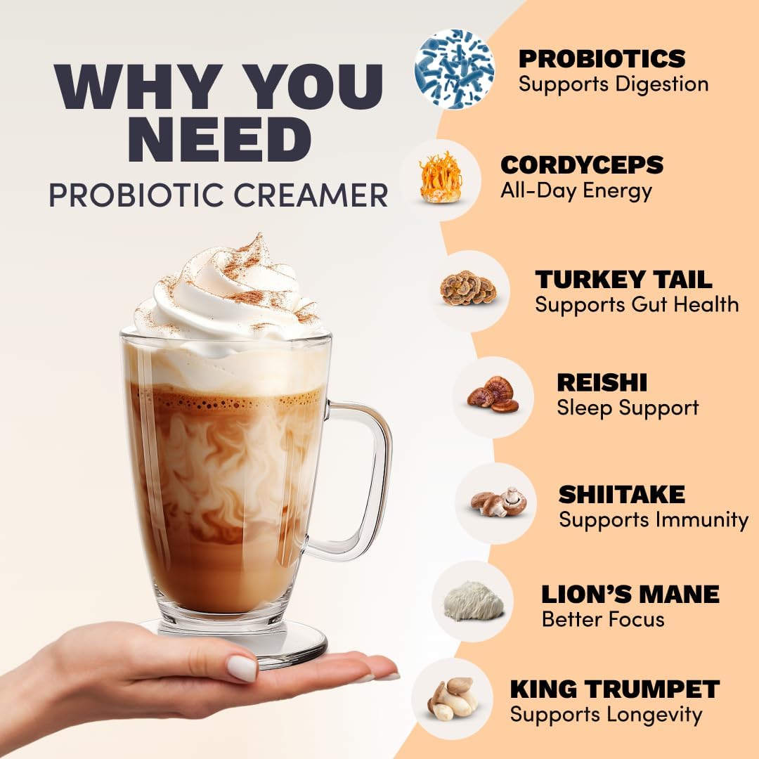 RYZE SUPERFOODS Probiotic Coffee Creamer with 6 Organic Adaptogenic Mushrooms & Probiotics for Energy, Focus, Digestion with USA Grown Turkey Tail, Shiitake, Lions Mane, Reishi, Gluten Free 30 serving