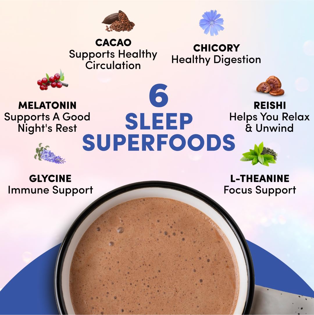 RYZE SUPERFOODS Mushroom Hot Cocoa Melatonin Sleep Supplement, Keto Cocoa Powder with Reishi Mushroom, Melatonin, Glycine, Cacao, L-Theanine, Chicory to Help Fall Asleep and Stay Asleep, 20 Servings