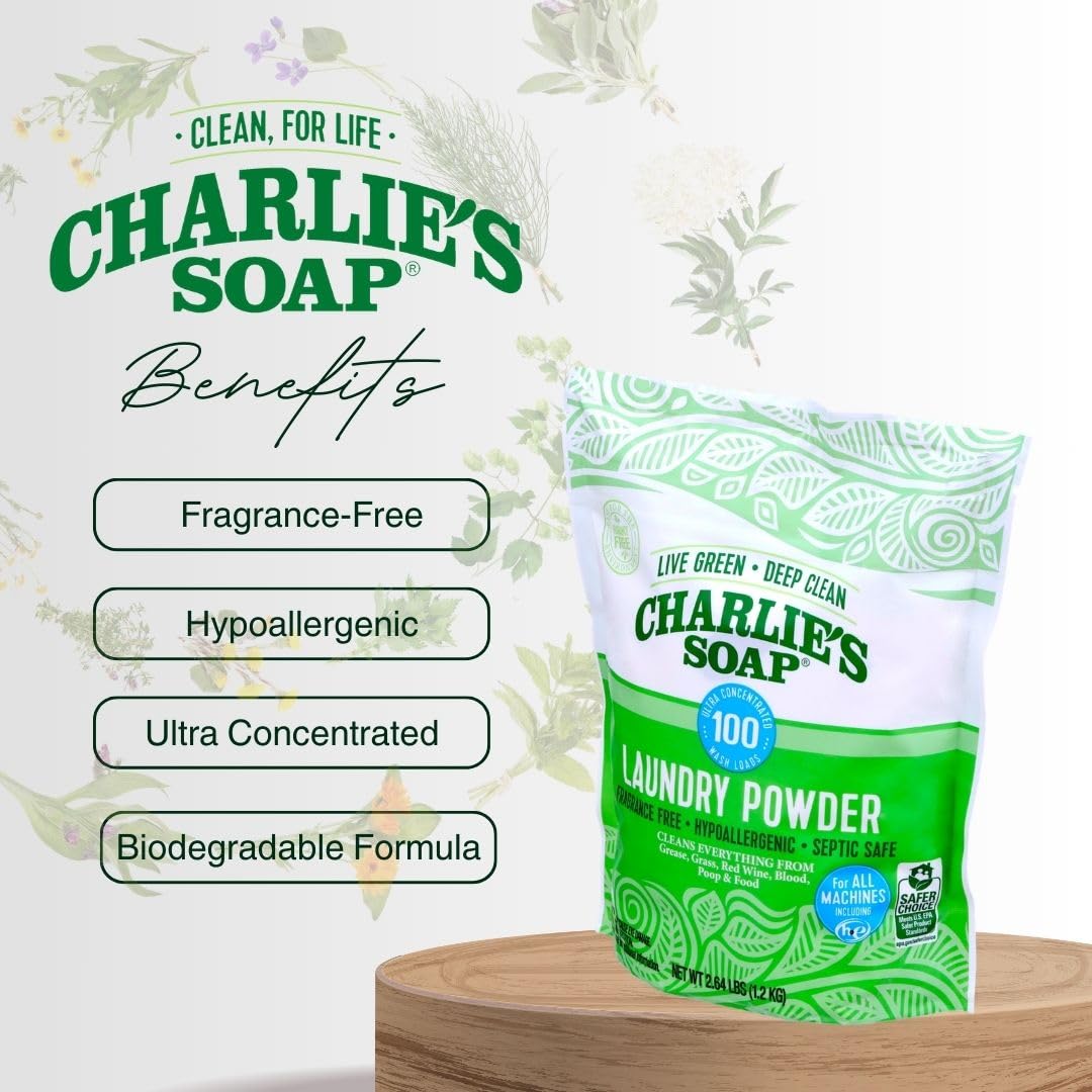 Charlie’s Soap Laundry Powder (100 Loads, 1 Pack) Fragrance Free Hypoallergenic Deep Cleaning Laundry Powder – Biodegradable Eco Friendly Sustainable Laundry Detergent