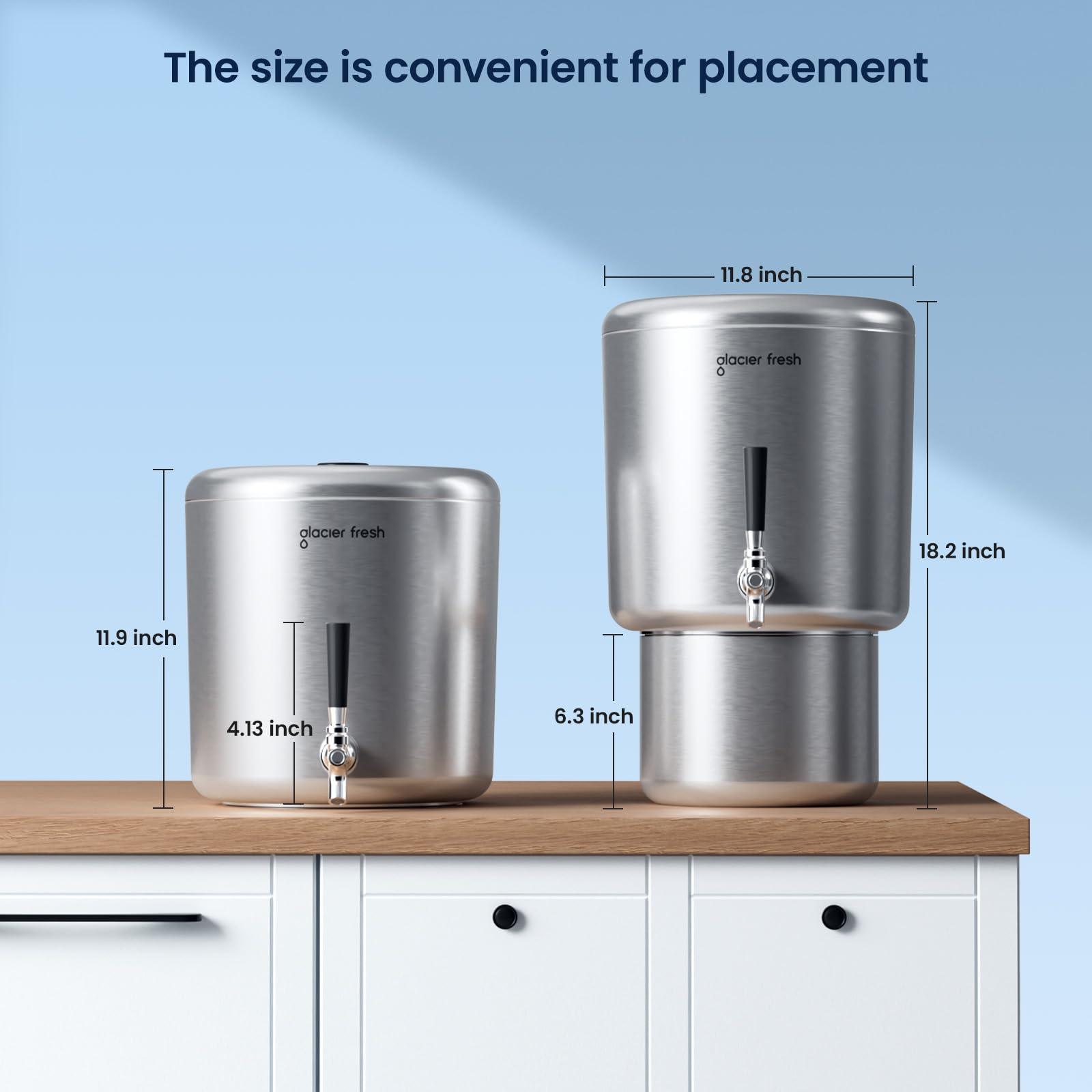 GLACIER FRESH 2.25G Stainless Steel Countertop Water Filtration System, Gravity-Fed with Elarisey™ Filtration Technology, Reduces Heavy Metals, PFOA & PFOS, and Meets SGS Standards