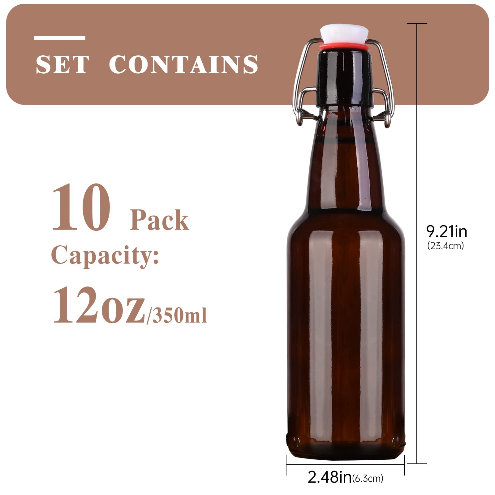 KITGLASCUP Amber Beer Bottles with Flip Caps, 12oz 10 Pack Glass Bottle with Swinging Top for Airtight Lids, Home Brewing and Fermentation Kombucha, Vanilla Extract, Beverage, Water, Kefir