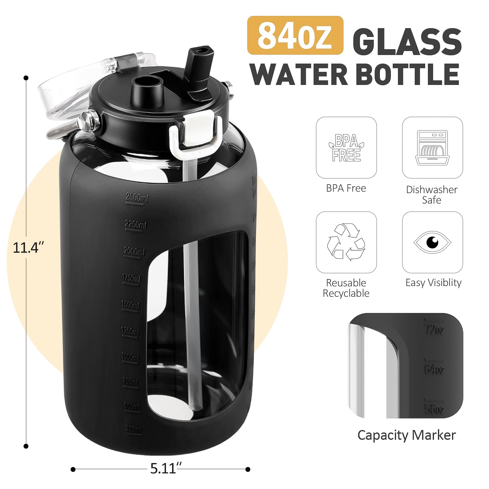 WINSA 84oz Glass Water Bottle with Stainless Steel Handle,2.5L Gallon Water Bottle with 2-IN-1 Straw Lid, Silicone Sleeve and Motivational Capacity Marker, Wide Mouth Water Jug For Gym, Workout, Black