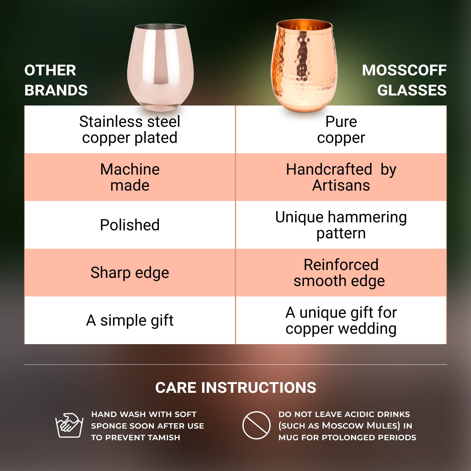 Mosscoff Copper wine glasses set of 4 – 17oz gleaming 100% solid hammered copper stemless wine cups – Valent for men and women – great copper tumblers for red or white wine and Moscow mules.