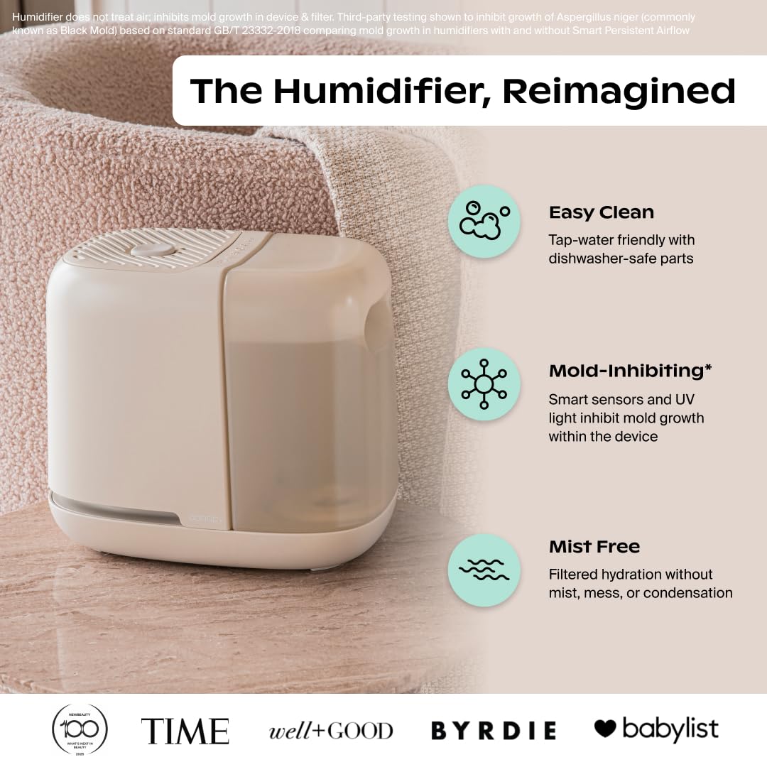 Canopy Bedside Humidifier 2.0, White, 36 HR Run Time, 2.5L Capacity - Reading Light & White Noise - Alleviate Symptoms of Allergies, Flu, Cold, Dry Skin - Humidifier, Filter, Power Cord & Adapter