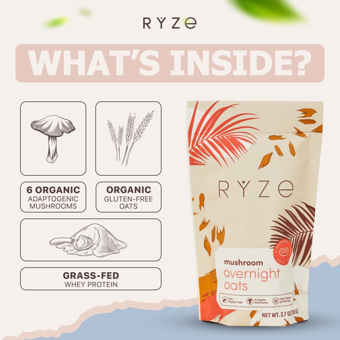 RYZE SUPERFOODS Mushroom Protein Overnight Oats, Oatmeal with 6 Adaptogenic Mushrooms and 20g Grass-Fed Whey Protein & Chia Seeds, Lions Mane, Turkey Tail, Shiitake, Reishi, Healthy Breakfast. 14 Servings.
