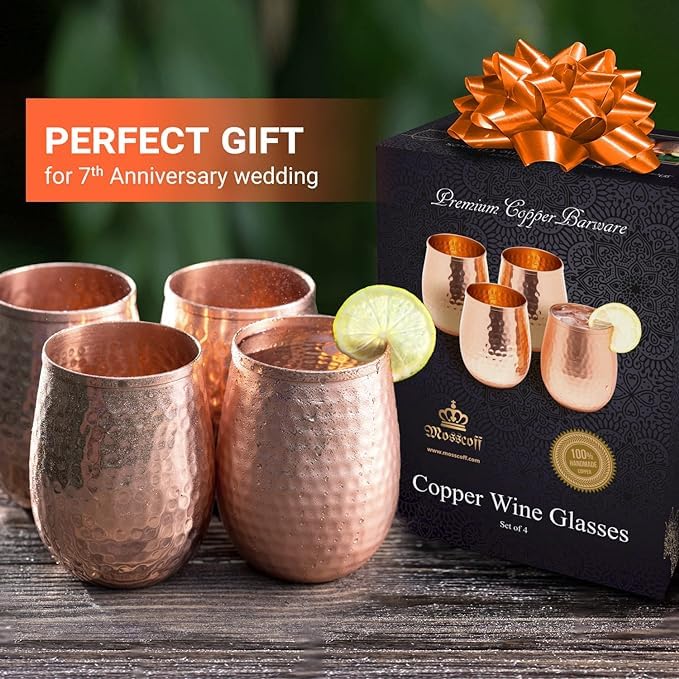 Mosscoff Copper wine glasses set of 4 – 17oz gleaming 100% solid hammered copper stemless wine cups – Valent for men and women – great copper tumblers for red or white wine and Moscow mules.