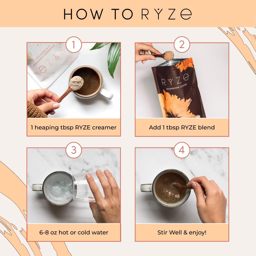 RYZE SUPERFOODS Probiotic Coffee Creamer with 6 Organic Adaptogenic Mushrooms & Probiotics for Energy, Focus, Digestion with USA Grown Turkey Tail, Shiitake, Lions Mane, Reishi, Gluten Free 30 serving