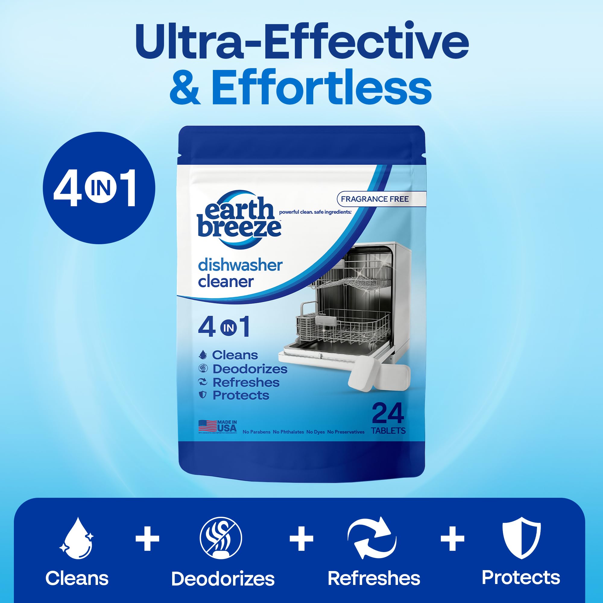 Earth Breeze Dishwasher Cleaner Tablets – 4-in-1 Cleans, Deodorizes, Refreshes & Protects – Removes Odor, Buildup & Residue – Fragrance Free, No Harsh Chemicals, Safe for All Dishwashers - Made in USA