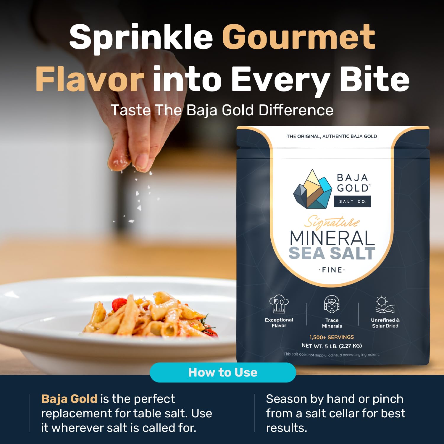 Baja Gold Signature Mineral Sea Salt - Recommended by Gary Brecka - Authentic Fine Grind Salt for Cooking & Baking | Natural Baja Salt for Culinary Uses | Great for Finishing Dishes | 5 lb. Resealable Bag, 1,500+ Servings