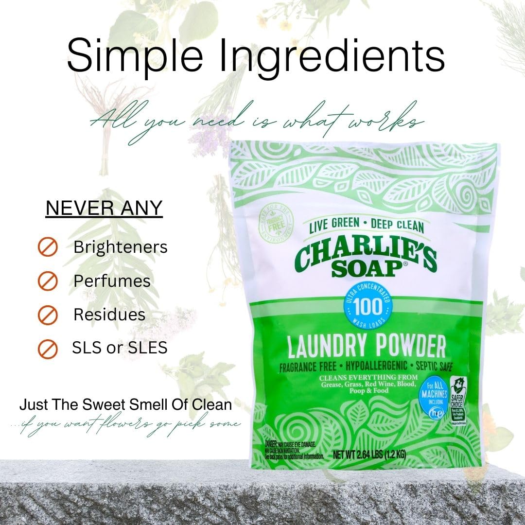 Charlie’s Soap Laundry Powder (100 Loads, 1 Pack) Fragrance Free Hypoallergenic Deep Cleaning Laundry Powder – Biodegradable Eco Friendly Sustainable Laundry Detergent