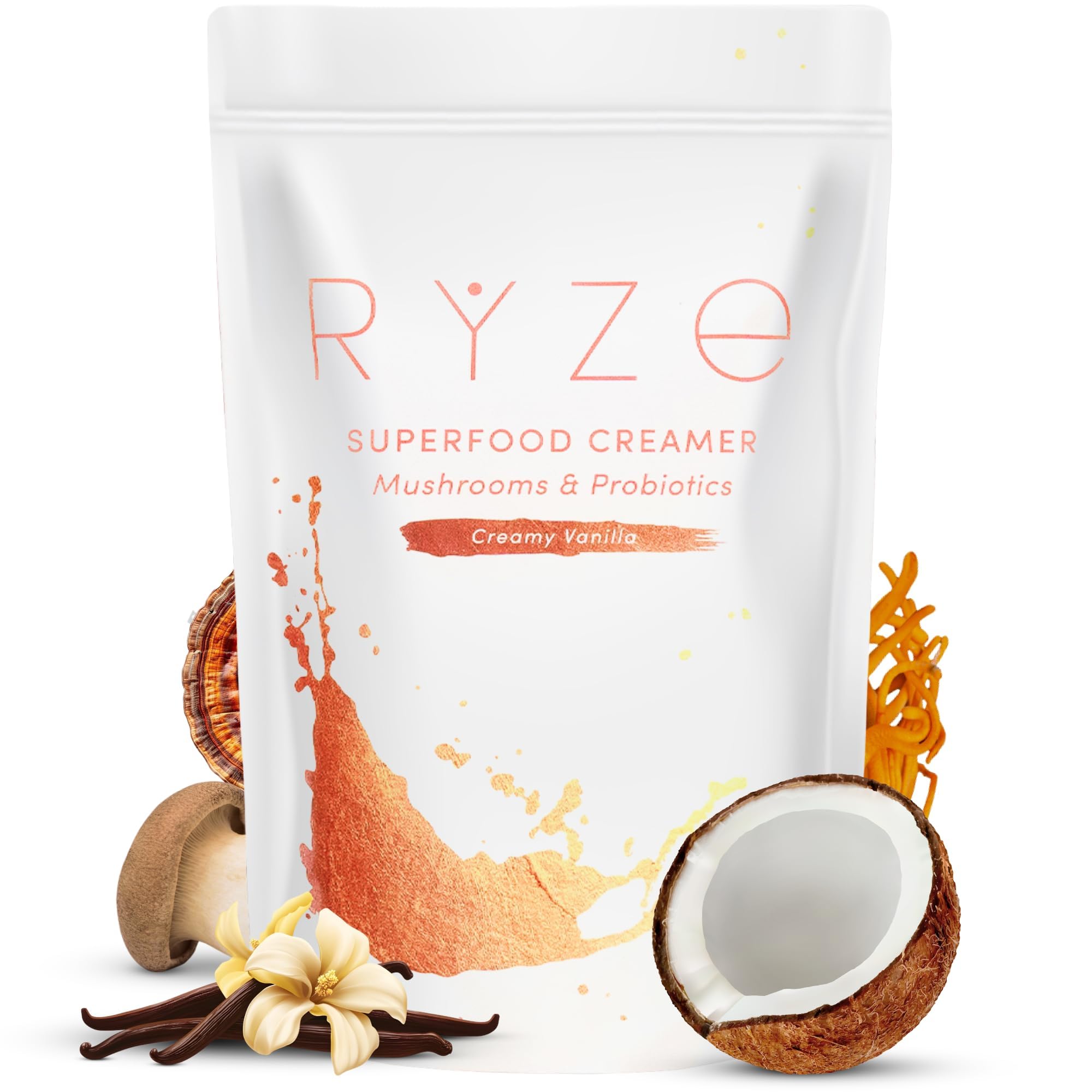 RYZE SUPERFOODS Probiotic Coffee Creamer with 6 Organic Adaptogenic Mushrooms & Probiotics for Energy, Focus, Digestion with USA Grown Turkey Tail, Shiitake, Lions Mane, Reishi, Gluten Free 30 serving