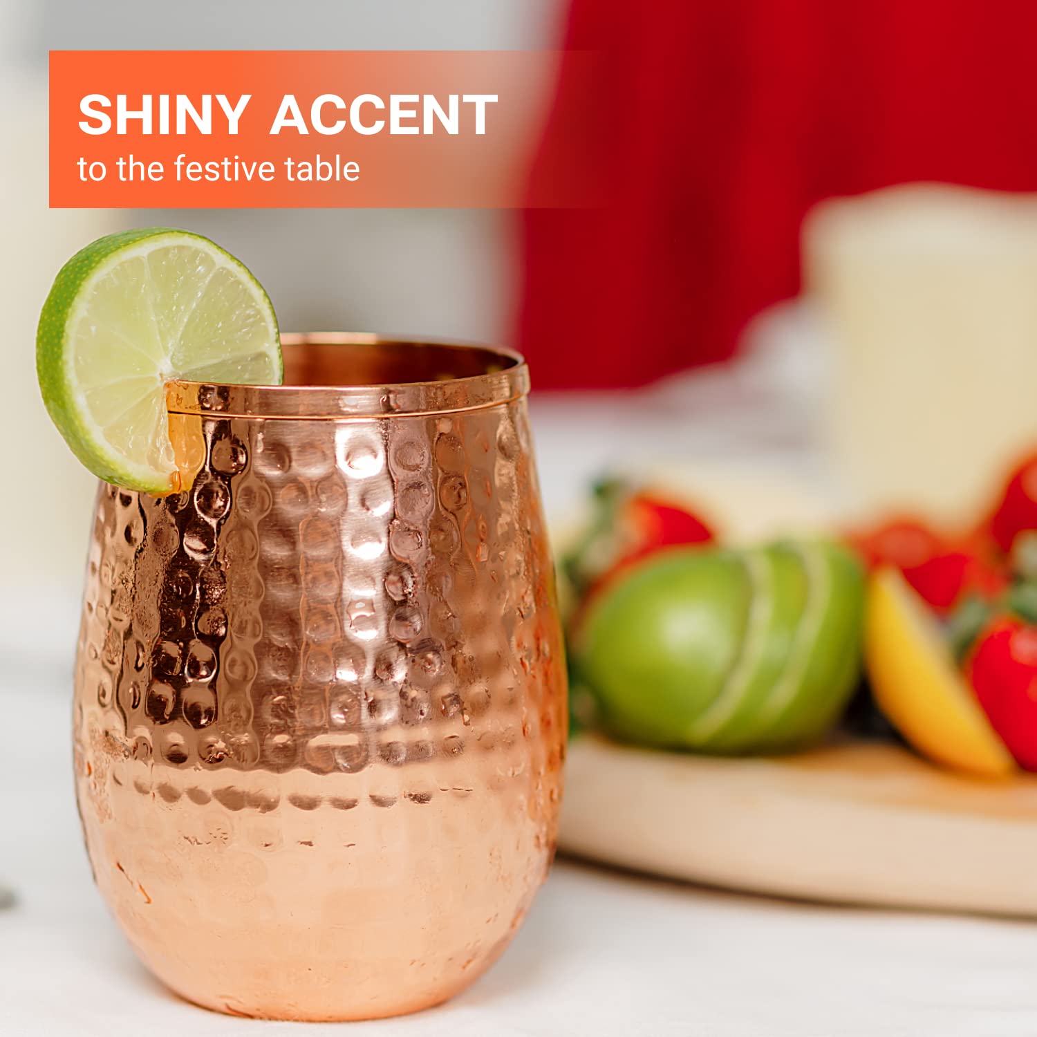 Mosscoff Copper wine glasses set of 4 – 17oz gleaming 100% solid hammered copper stemless wine cups – Valent for men and women – great copper tumblers for red or white wine and Moscow mules.