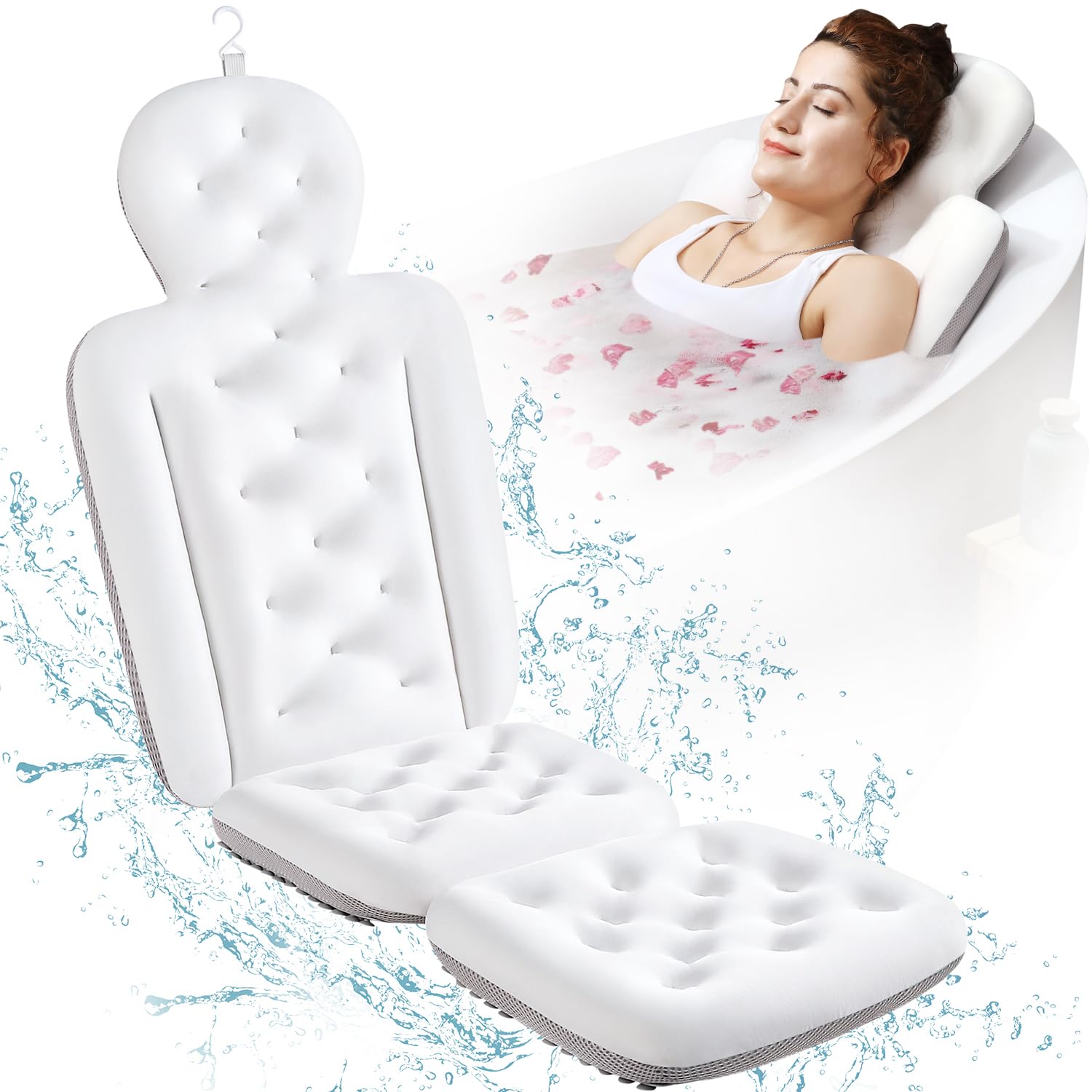 Full Body Bath Pillow for Bathtub, Thick Bathtub Cushion, Luxury Tub Pillow for Bath for Headrest Neck and Back Support White 51" x 16"