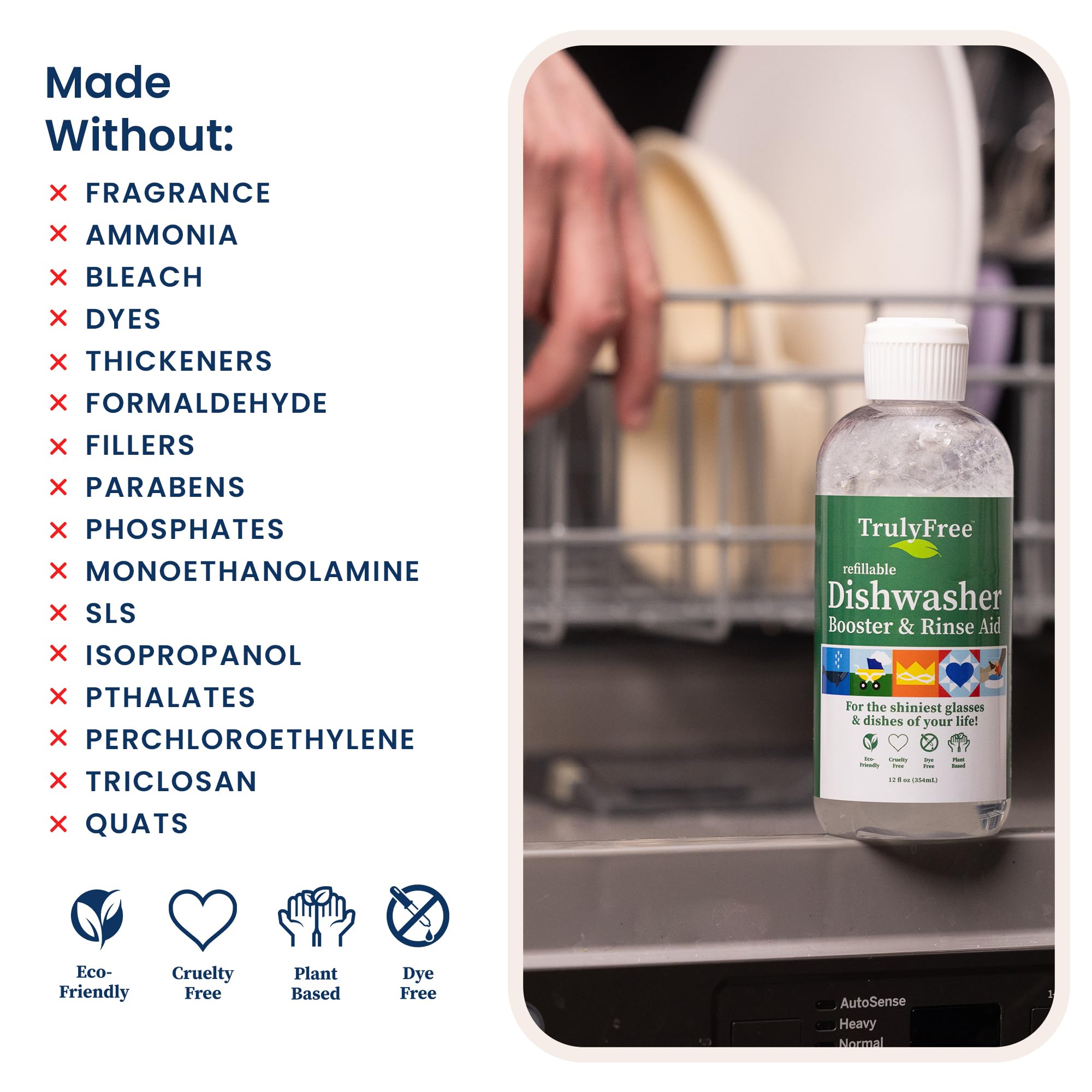 Truly Free Natural Dishwasher Booster & Rinse Aid - Non-Toxic Dishwashing Aid Formula, Removes Residue & Tough Dish Stains, Water Spot Remover - Includes: 1 Reusable Empty 12 oz Bottle & 1 Refill