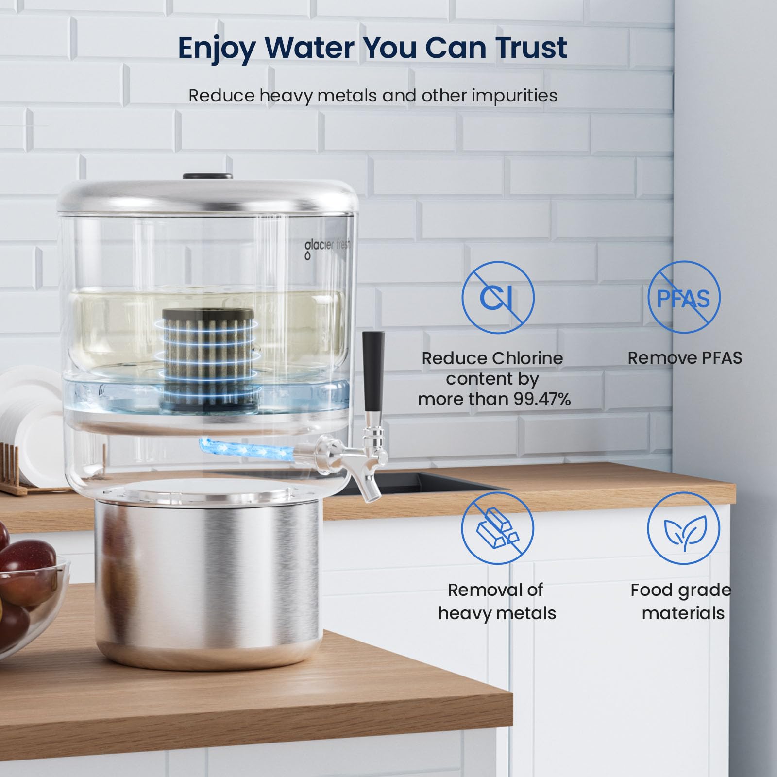 GLACIER FRESH 2.25G Stainless Steel Countertop Water Filtration System, Gravity-Fed with Elarisey™ Filtration Technology, Reduces Heavy Metals, PFOA & PFOS, and Meets SGS Standards