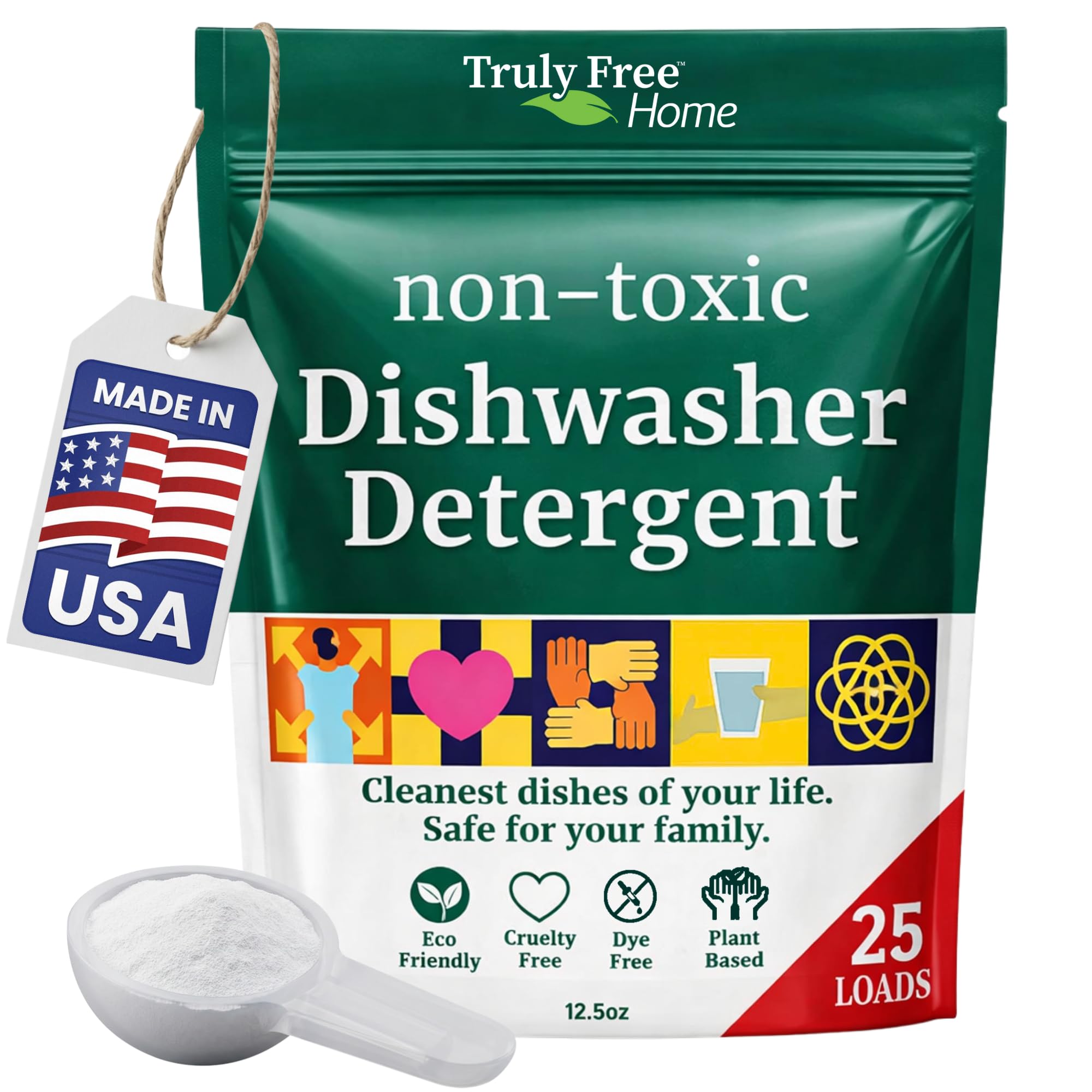Truly Free Dishwasher Detergent Powder | Natural Dish Detergent, Dishwasher Soap | Plastic Free, Plant-Based, Clean, Heavy Duty Hard Water Stain & Grease Remover | Fragrance Free | 12.5 oz (Pack of 1)