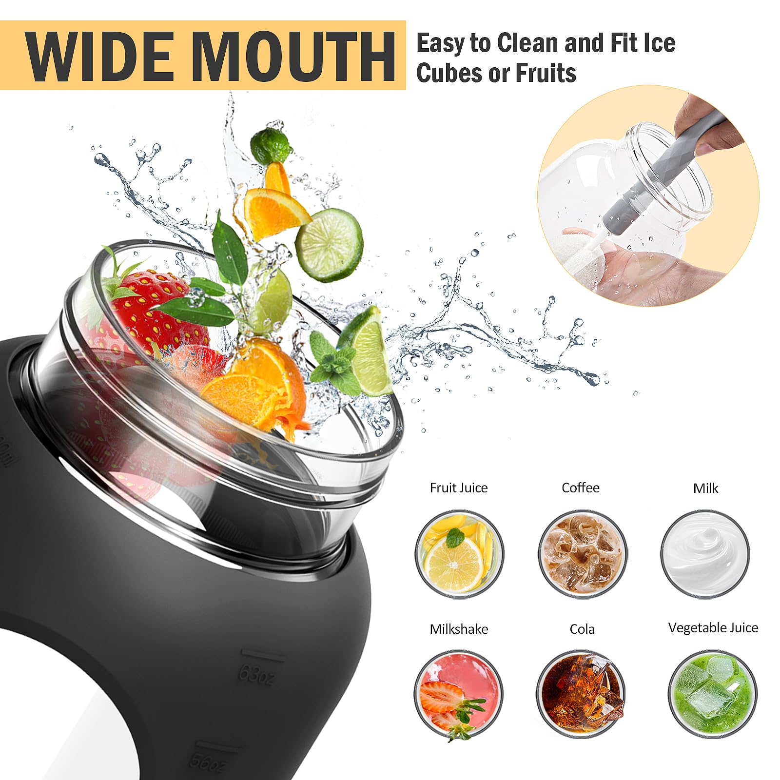 WINSA 84oz Glass Water Bottle with Stainless Steel Handle,2.5L Gallon Water Bottle with 2-IN-1 Straw Lid, Silicone Sleeve and Motivational Capacity Marker, Wide Mouth Water Jug For Gym, Workout, Black