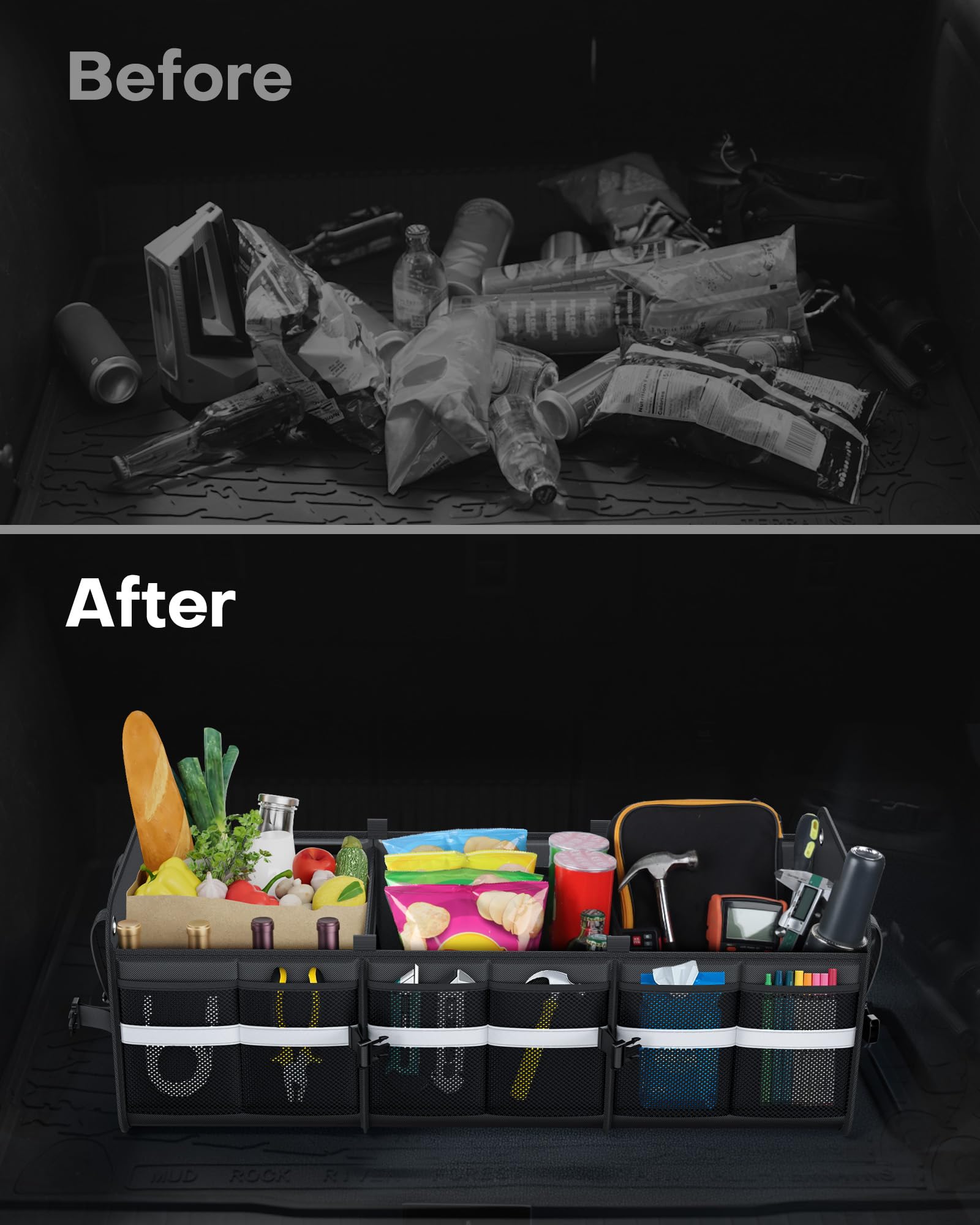HOTOR Trunk Organizer for SUV – Car Storage Box with Reflective Strips, Collapsible Car Organizer with Large Capacity, Essential Car Accessories for Truck, Van & Sedan, Black, 33.1" x 13.0" x 12.0"