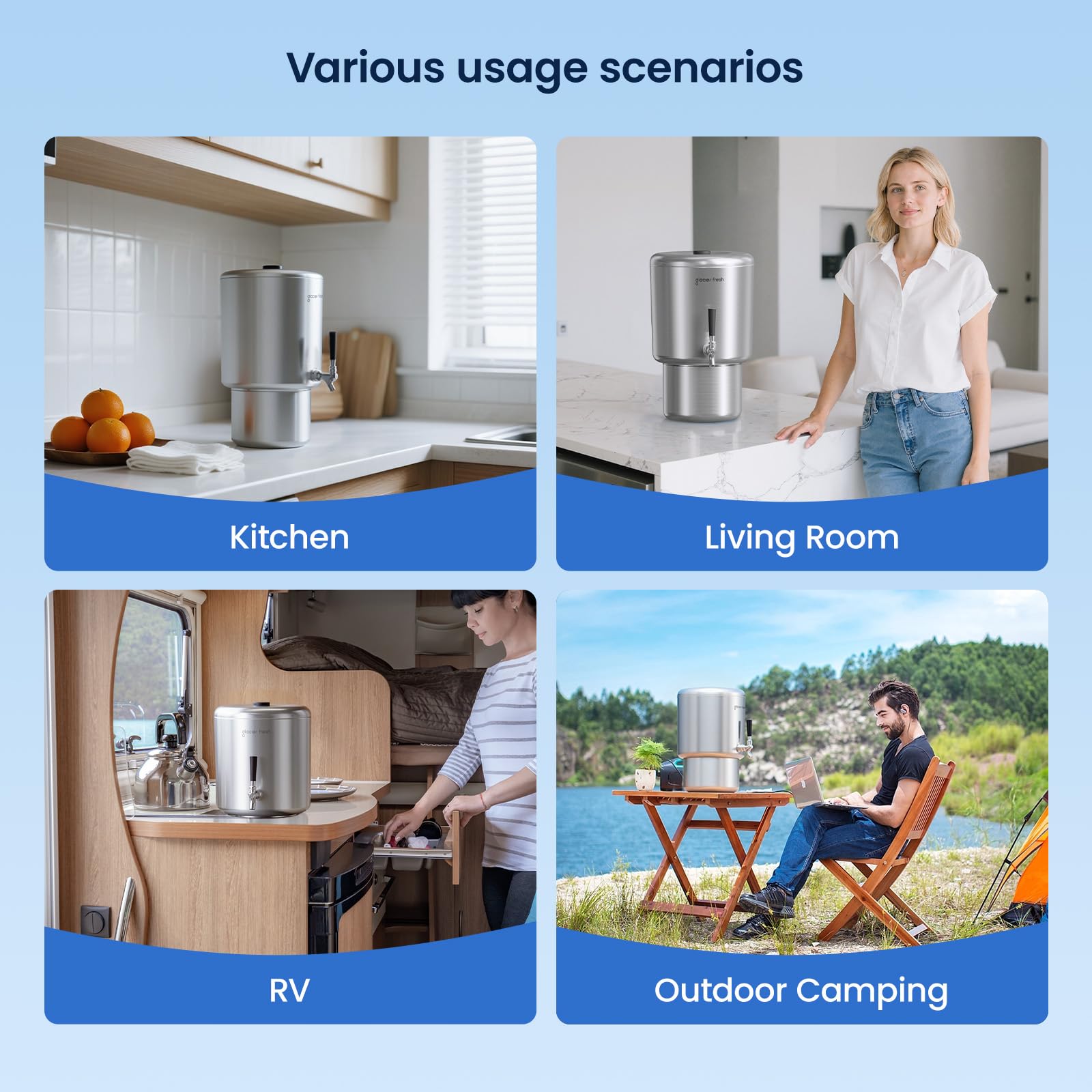 GLACIER FRESH 2.25G Stainless Steel Countertop Water Filtration System, Gravity-Fed with Elarisey™ Filtration Technology, Reduces Heavy Metals, PFOA & PFOS, and Meets SGS Standards