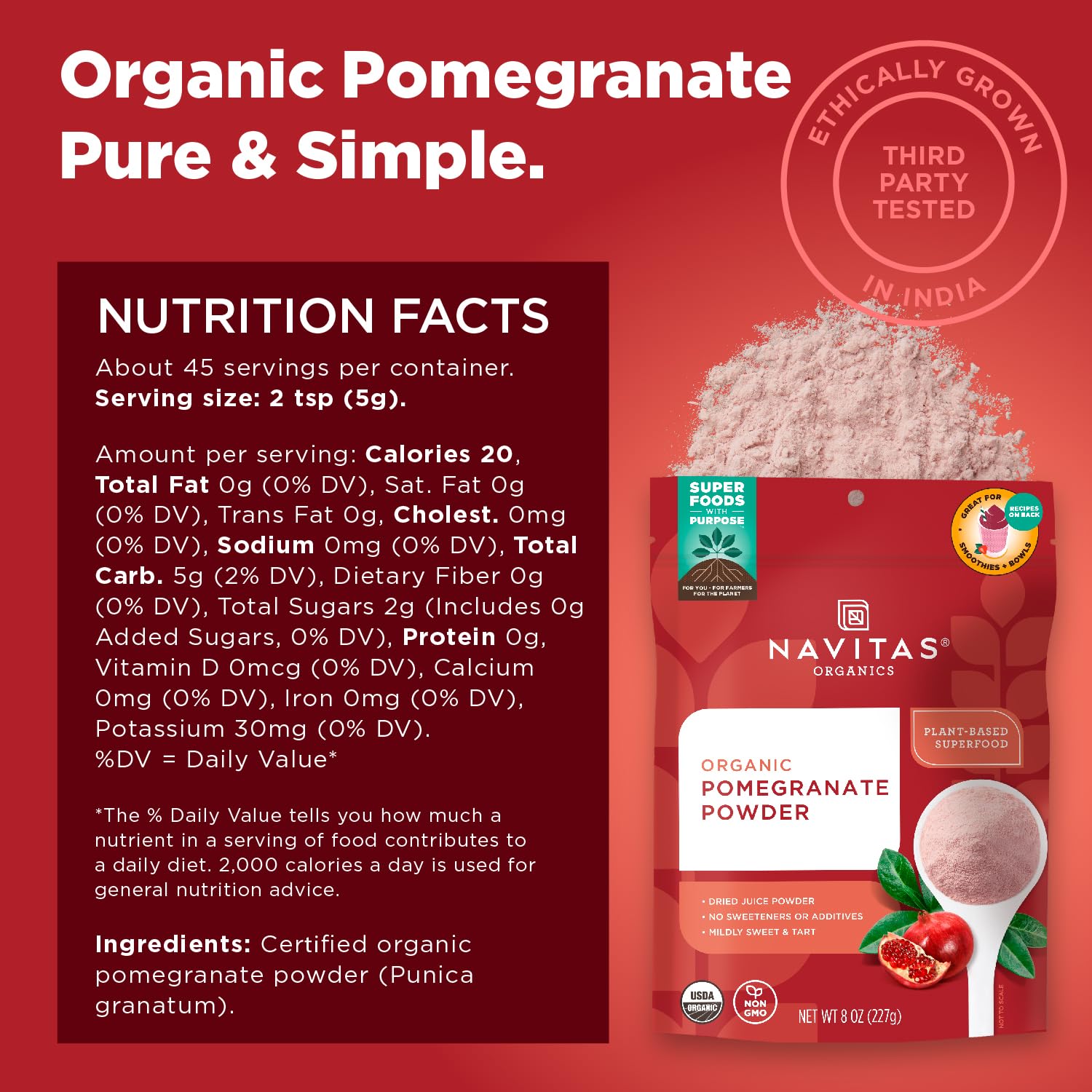 Navitas Organics Pomegranate Powder – Organic Juice Powder - For Smoothies, Desserts, Dips & More – Antioxidant Support - USDA Organic, Non GMO, Kosher, Gluten Free, Vegan (8oz. Bag, 45 Servings)