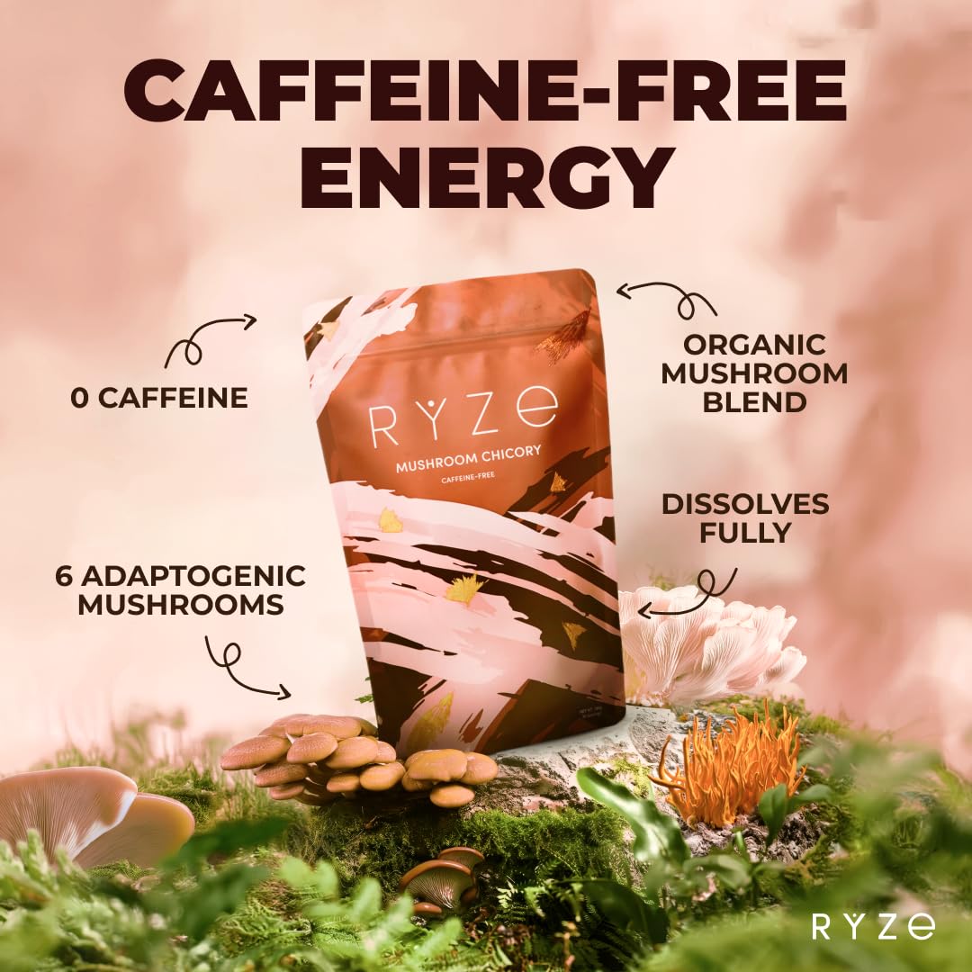 RYZE SUPERFOODS Mushroom Chicory with 6 Organic Adaptogenic Mushrooms, Keto Decaf Coffee with Chicory Root for Energy, Focus, Digestion, Immunity with Lions Mane, Turkey Tail, Shiitake, 30 servings