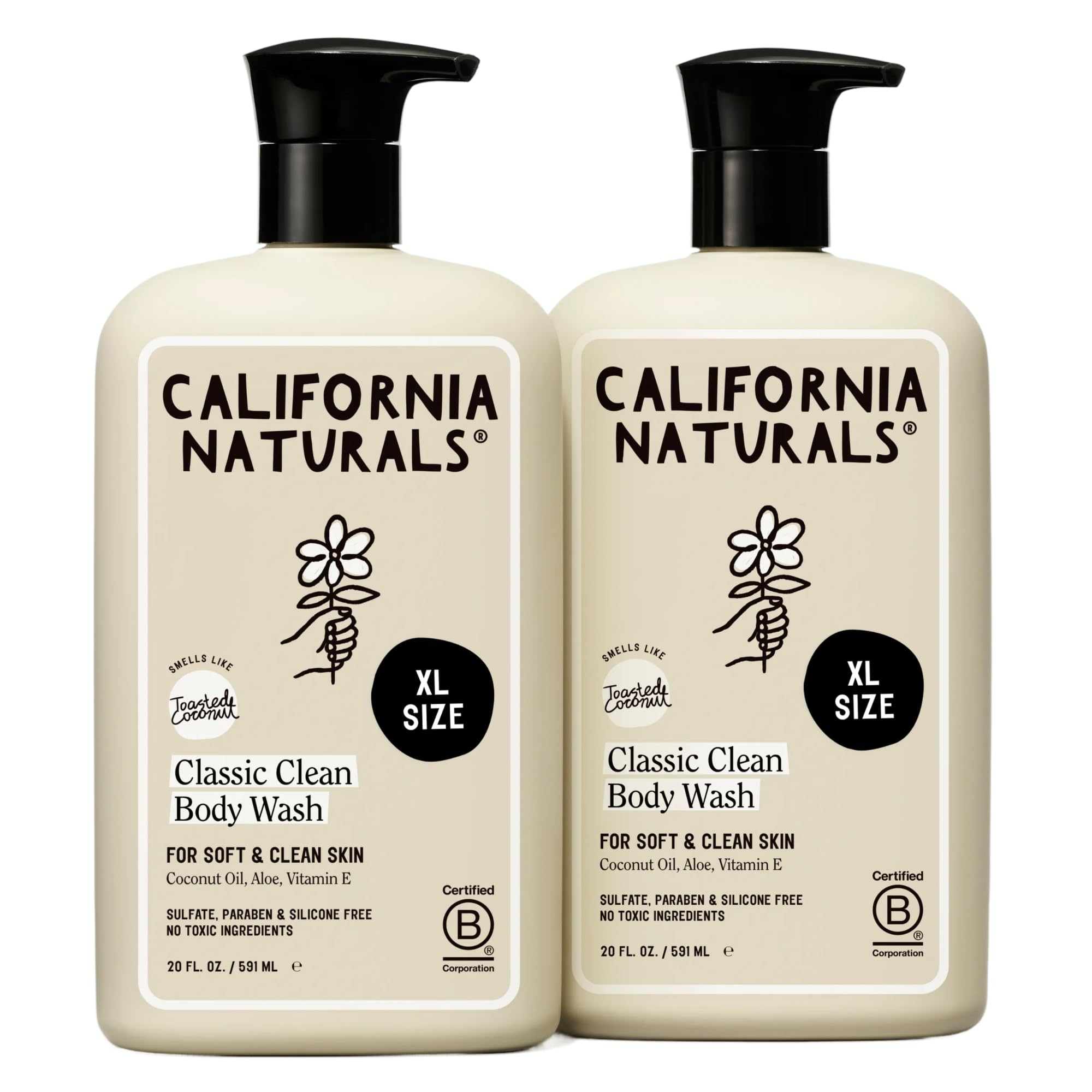 California Naturals Classic Clean Toasted Coconut Body Wash 2-Pack, Coconut Oil, Shea Butter & Aloe, Naturally Scented, Sulfate, Paraben & Silicone Free, 20 oz