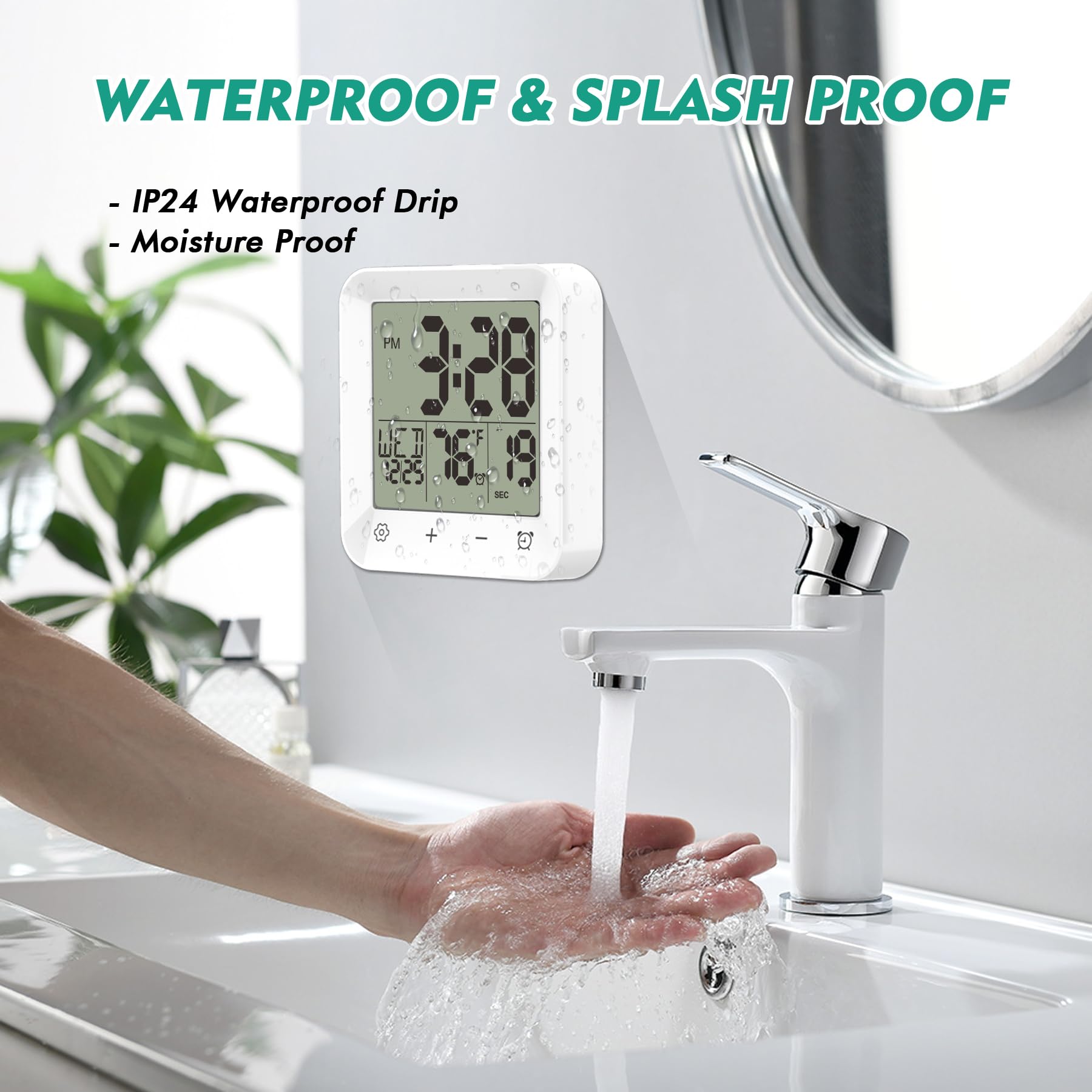 USAOSHOP Shower Clock Waterproof, Bathroom Kitchen Wall Clock Timer with Touch Screen, Temperature, Battery Operated, Suction Cup Hanging Hole Stand, White
