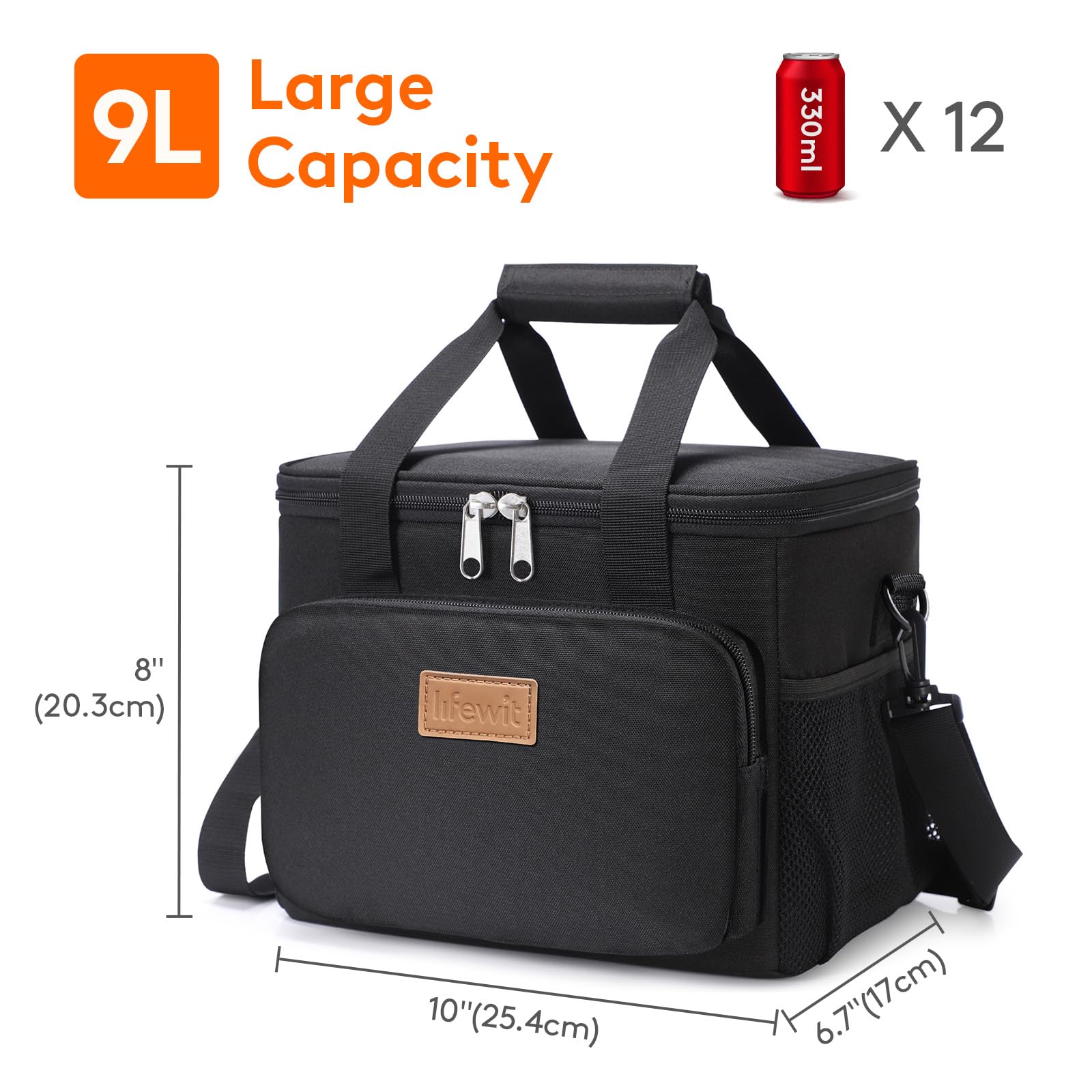 Lifewit Medium Lunch Bag, Insulated Lunch Box, Soft Cooler Cooling Tote for Adult Men Women, Black 12-Can (9L)