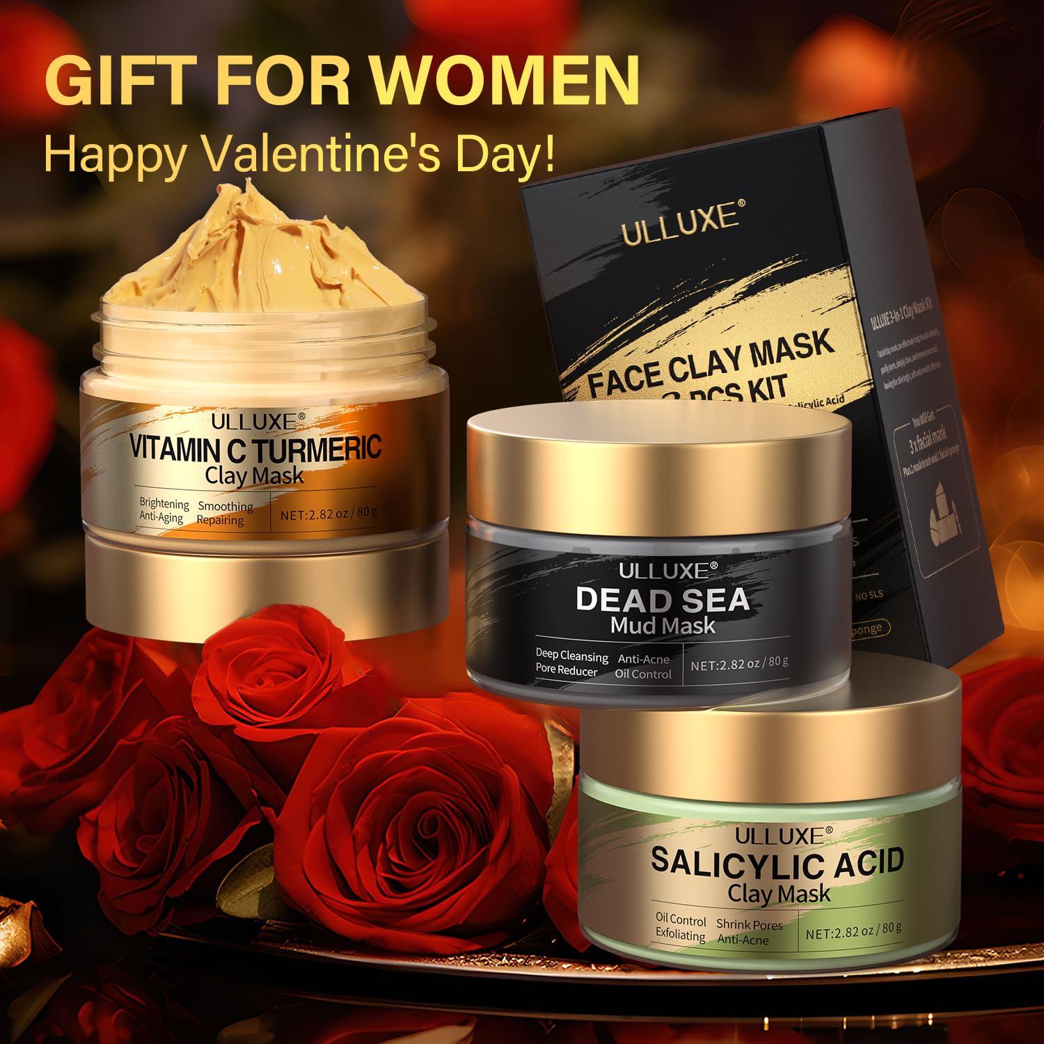 Facial Clay Mask Set - Vitamin C Turmeric Face Mask, Dead Sea Mud & Salicylic Acid (BHA) Mask for Pore Cleansing, Brightening, Blackheads & Dark Spots, Face Masks Skincare Gift for Women, 2.82 oz each