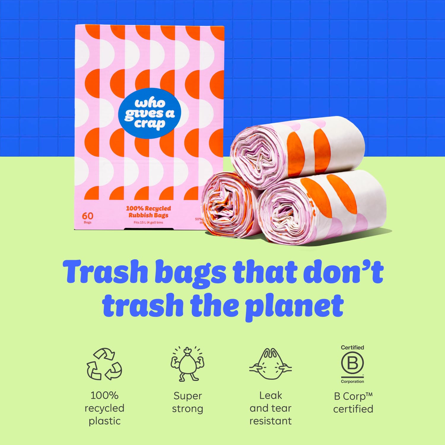 Who Gives a Crap 100% Recycled Small Trash Bags, 60 Count, 4 Gallon, Sustainable Garbage Bags for Kitchen, Office, or Bathroom Trash Can, Designed to Help Resist Leaks and Tears, Durable Tie Handles