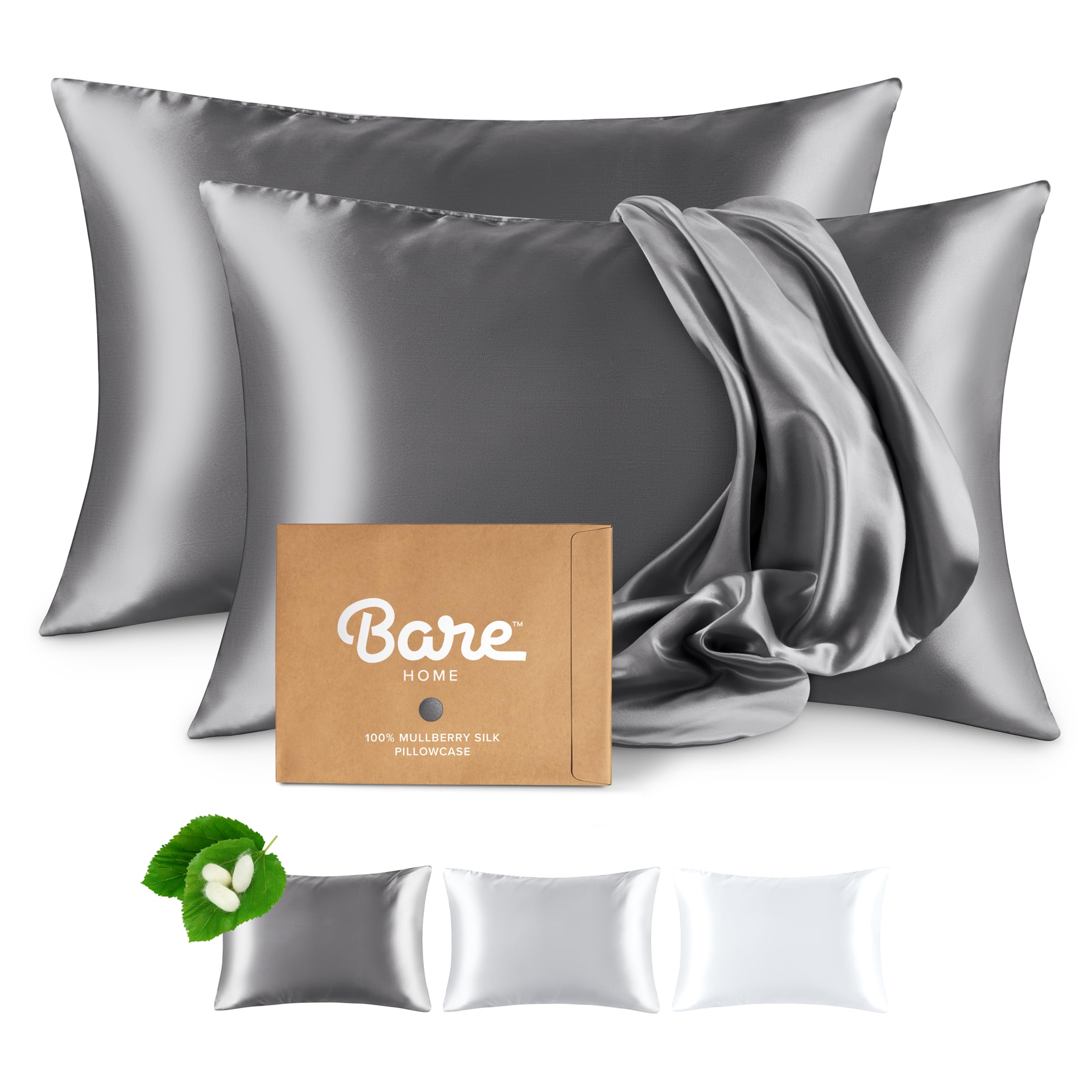 Bare Home 100% Mulberry Silk Pillowcase for Hair and Skin - Ultra Premium 6A Grade 19 Momme Silk Pillow Case - Hidden Zipper - Breathable Cooling Pillow Cover (Standard 2 Pack, Grey)