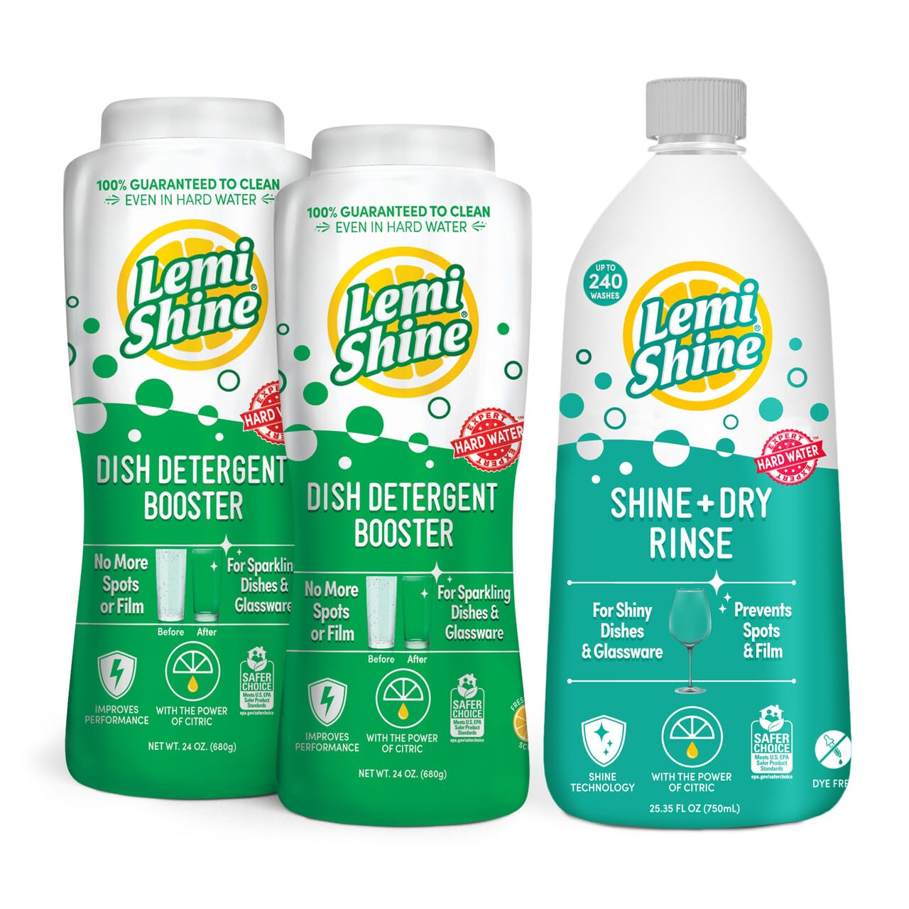 Lemi Shine Dish Detergent Booster (24 oz 2-Pack) and Rinse Aid (25.35 oz) - Hard Water Stain Removers