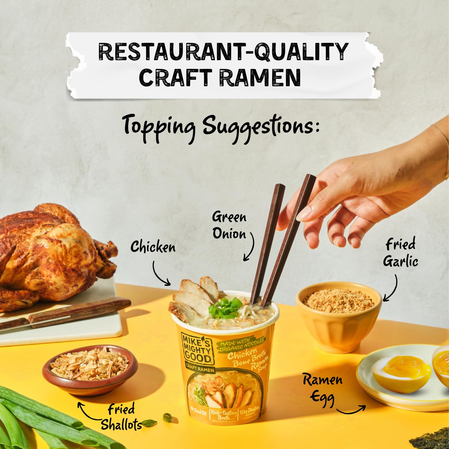 Mike’s Mighty Good Bone Broth Chicken Ramen Cup (Pack of 6) – 10g Protein Instant Ramen Noodles – Steamed Organic Noodles, Non-GMO, Seed & Palm Oil-Free – Antibiotic-Free Chicken, Rich Broth