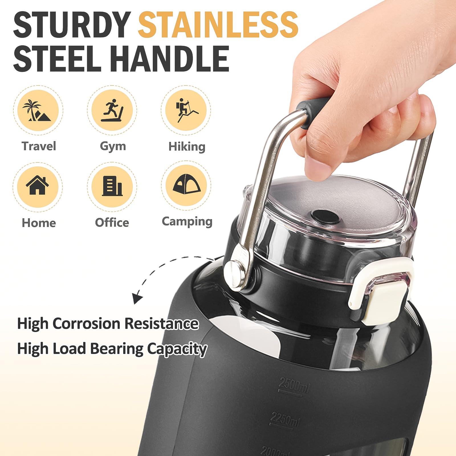 WINSA 84oz Glass Water Bottle with Stainless Steel Handle,2.5L Gallon Water Bottle with 2-IN-1 Straw Lid, Silicone Sleeve and Motivational Capacity Marker, Wide Mouth Water Jug For Gym, Workout, Black