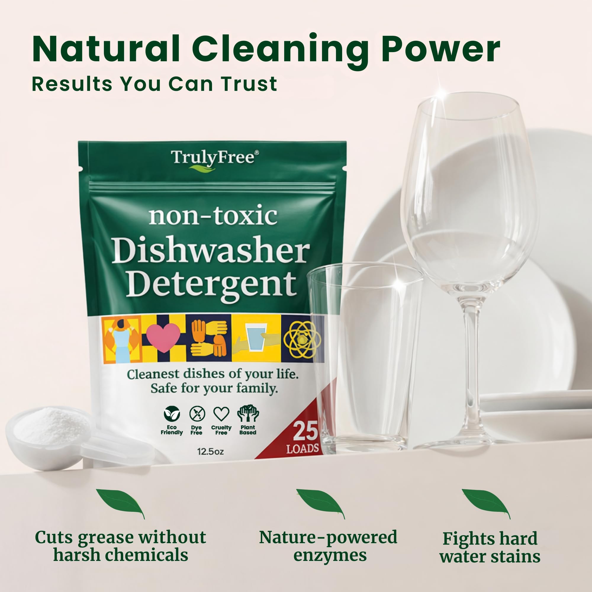 Truly Free Dishwasher Detergent Powder | Natural Dish Detergent, Dishwasher Soap | Plastic Free, Plant-Based, Clean, Heavy Duty Hard Water Stain & Grease Remover | Fragrance Free | 12.5 oz (Pack of 1)