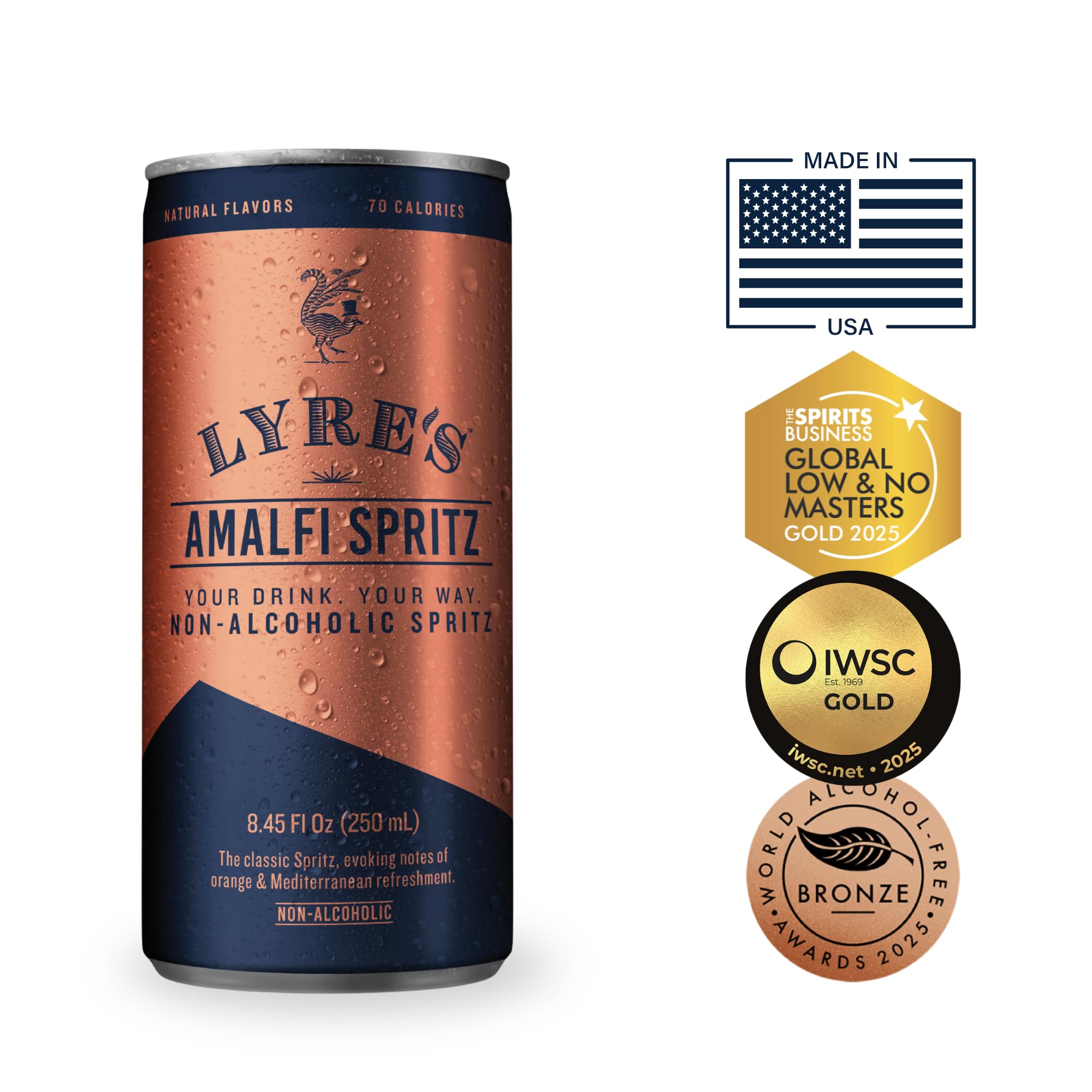 Lyre’s Amalfi Spritz 4-Pack, Ready to Drink Non-Alcoholic Sparkling Mocktail, Award-Winning Zero Proof Italian Aperitif and Non Alcoholic Prosecco, 70 Calories per Can (8.45 Fl Oz x 4)